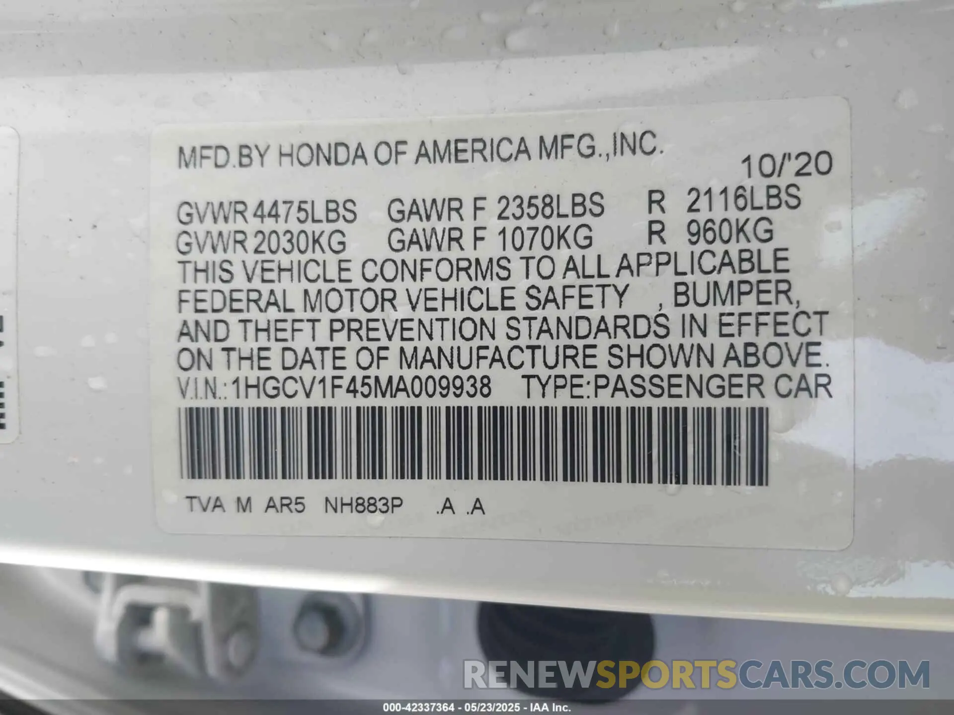 9 Photograph of a damaged car 1HGCV1F45MA009938 HONDA ACCORD 2021