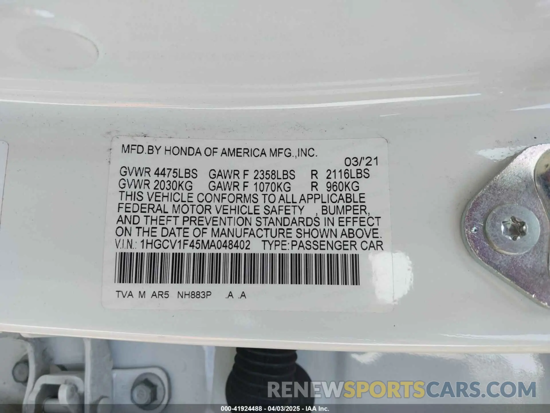 9 Photograph of a damaged car 1HGCV1F45MA048402 HONDA ACCORD 2021