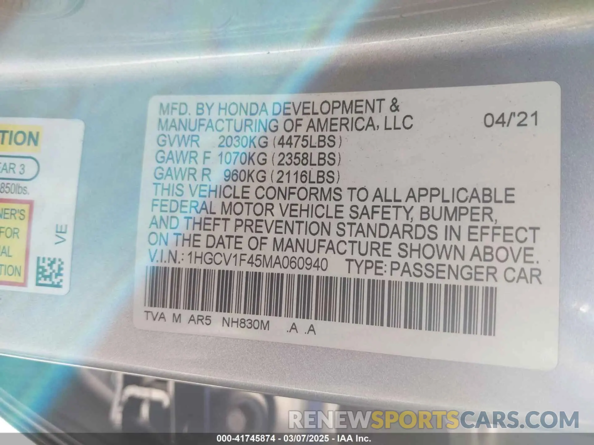 9 Photograph of a damaged car 1HGCV1F45MA060940 HONDA ACCORD 2021