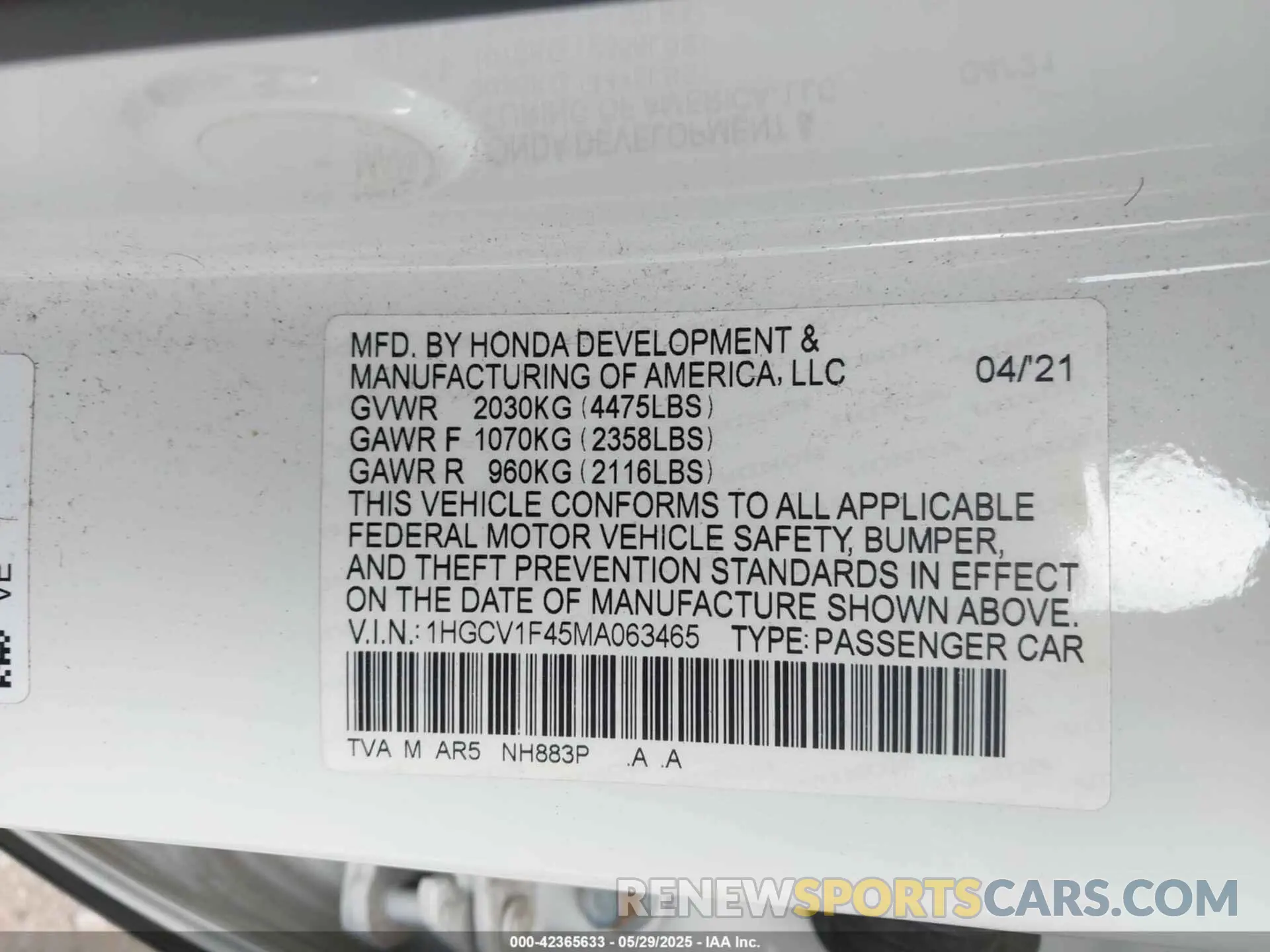 9 Photograph of a damaged car 1HGCV1F45MA063465 HONDA ACCORD 2021
