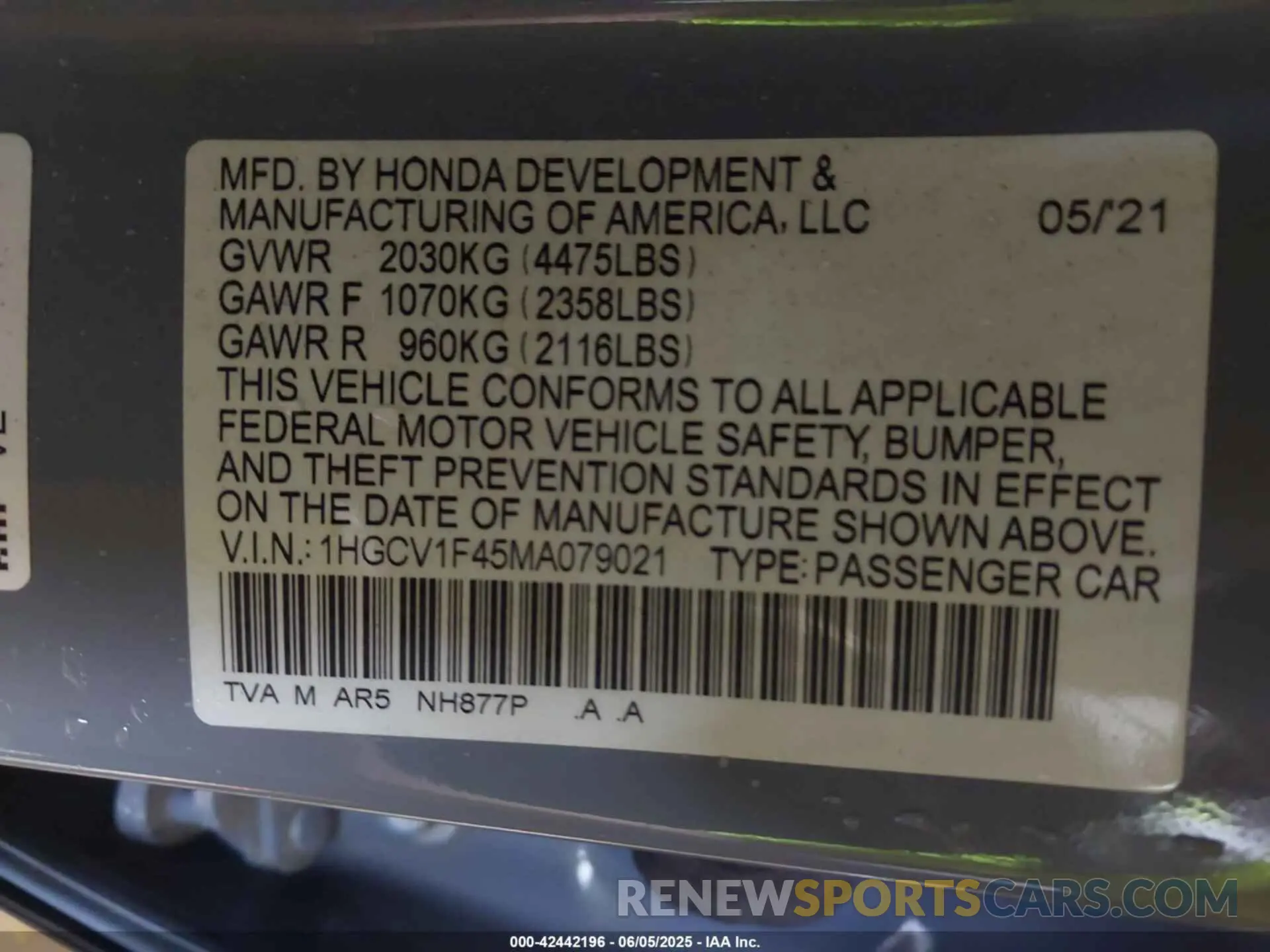 9 Photograph of a damaged car 1HGCV1F45MA079021 HONDA ACCORD 2021