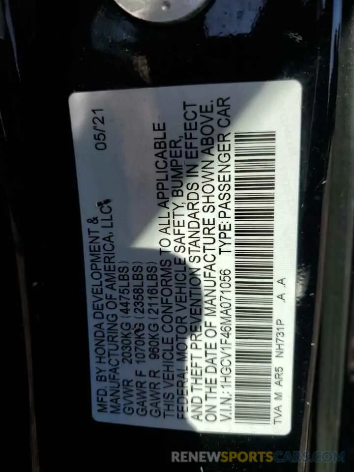 12 Photograph of a damaged car 1HGCV1F46MA071056 HONDA ACCORD 2021