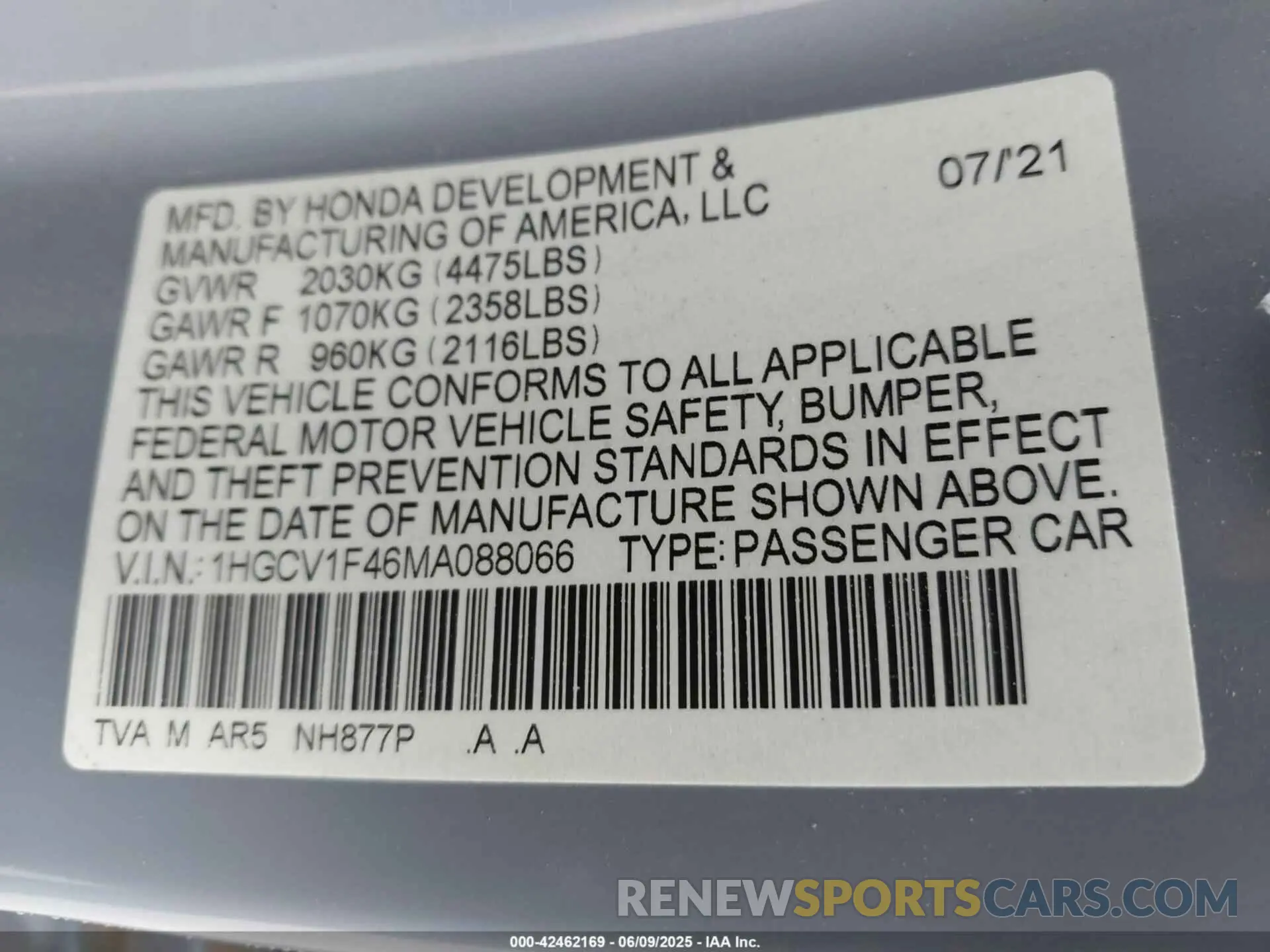 9 Photograph of a damaged car 1HGCV1F46MA088066 HONDA ACCORD 2021