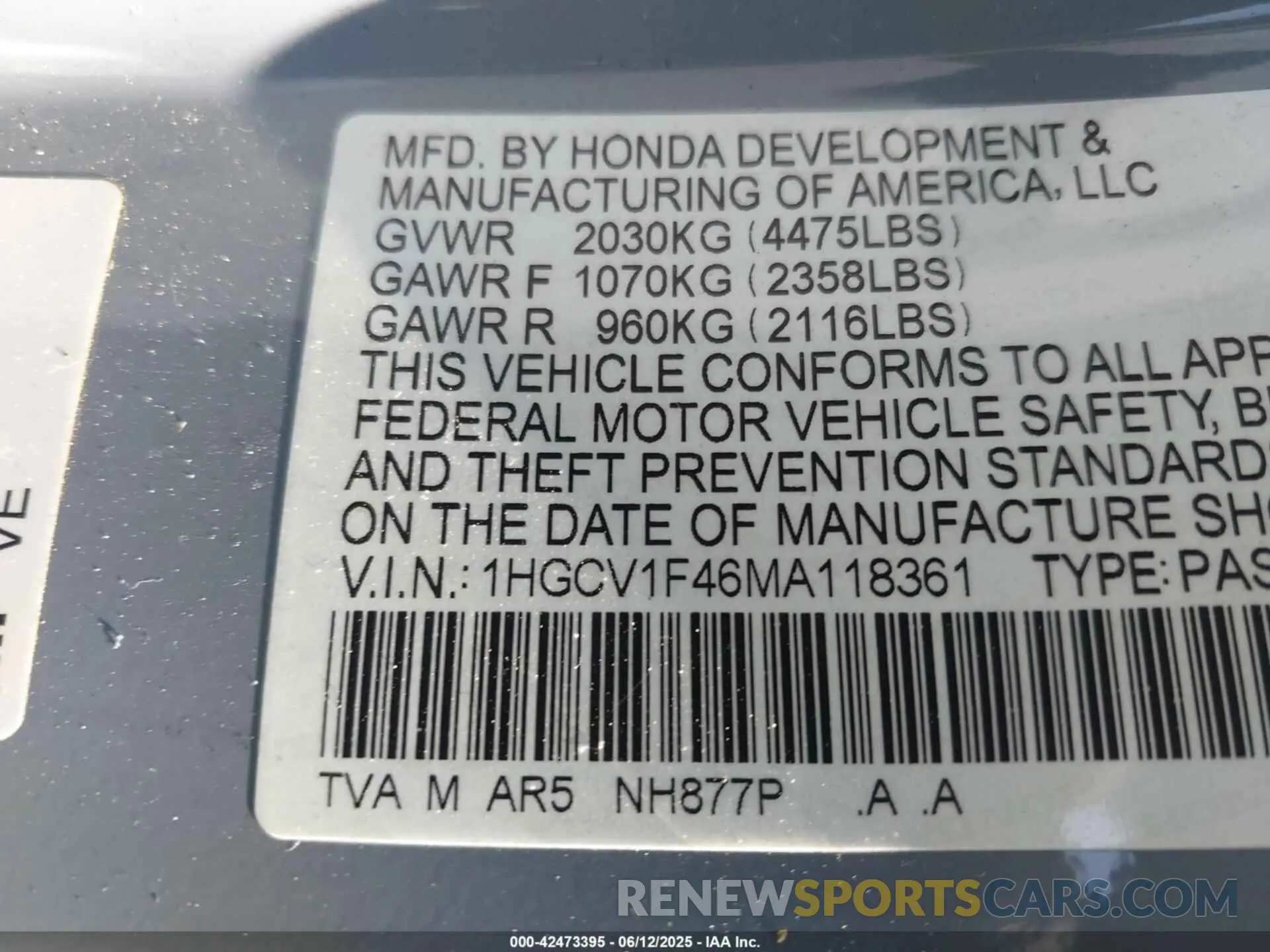 9 Photograph of a damaged car 1HGCV1F46MA118361 HONDA ACCORD 2021