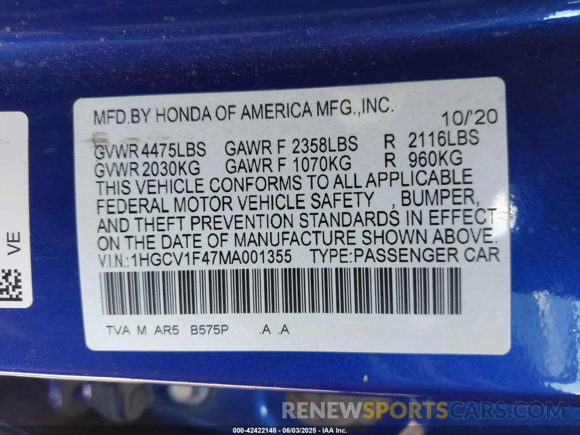 9 Photograph of a damaged car 1HGCV1F47MA001355 HONDA ACCORD 2021