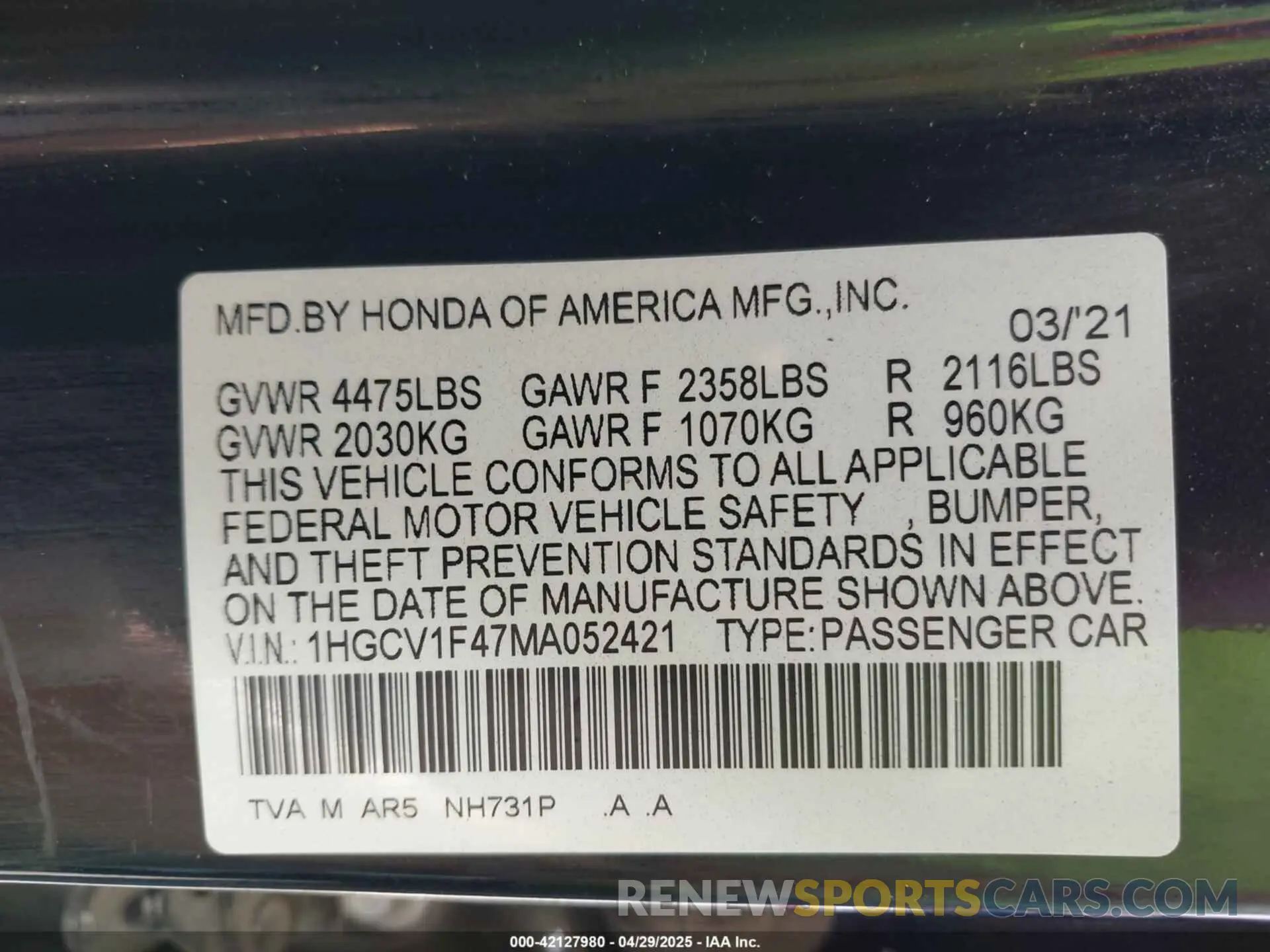 9 Photograph of a damaged car 1HGCV1F47MA052421 HONDA ACCORD 2021