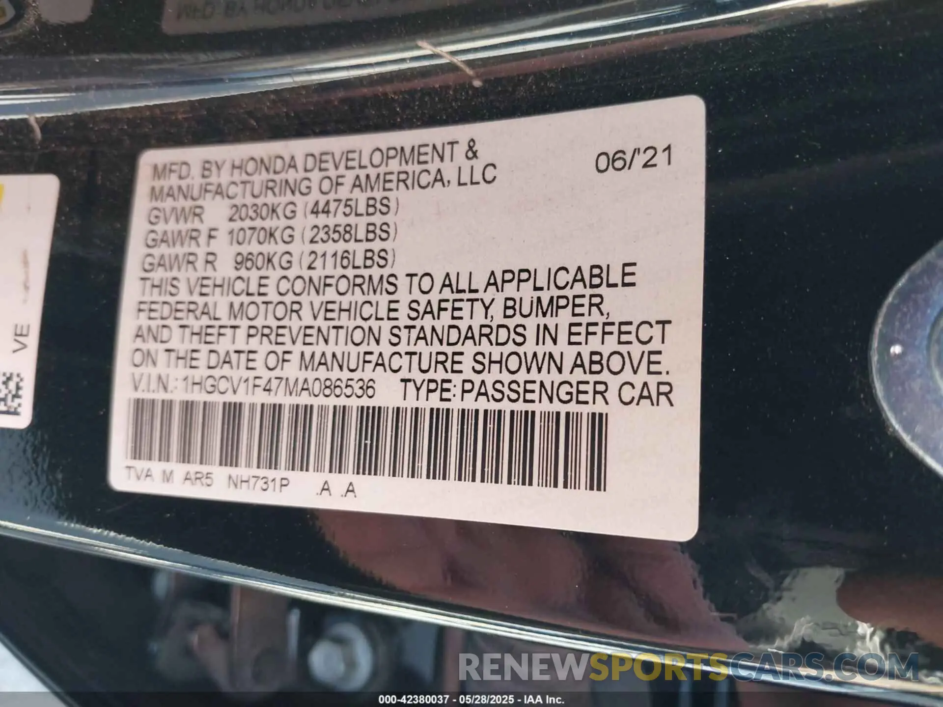 9 Photograph of a damaged car 1HGCV1F47MA086536 HONDA ACCORD 2021