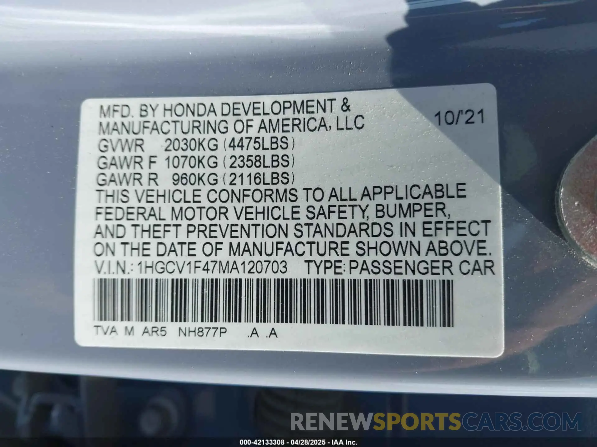 9 Photograph of a damaged car 1HGCV1F47MA120703 HONDA ACCORD 2021