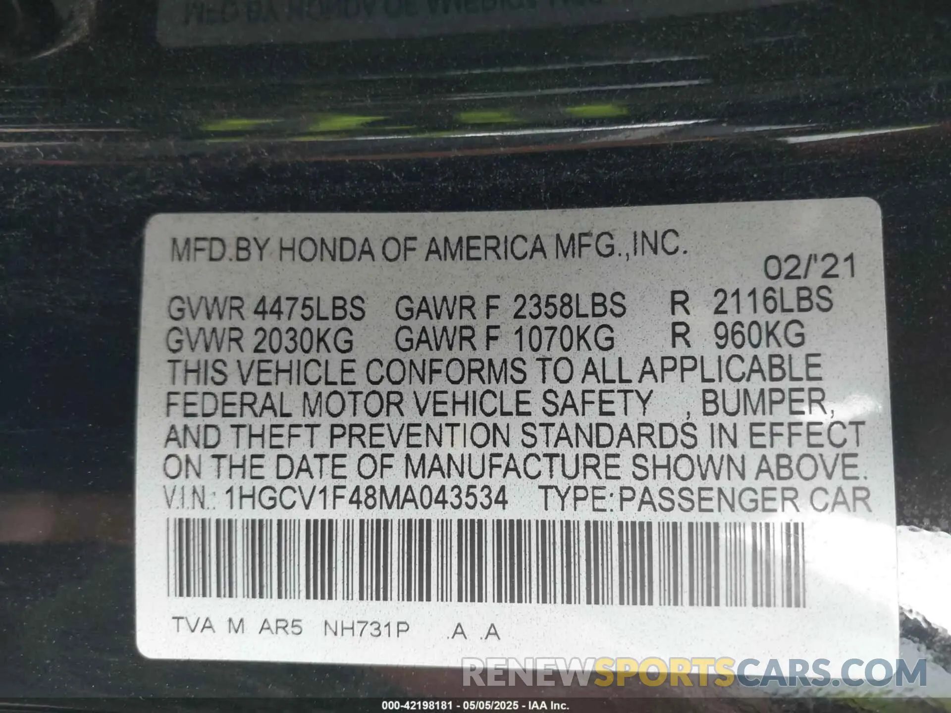 9 Photograph of a damaged car 1HGCV1F48MA043534 HONDA ACCORD 2021