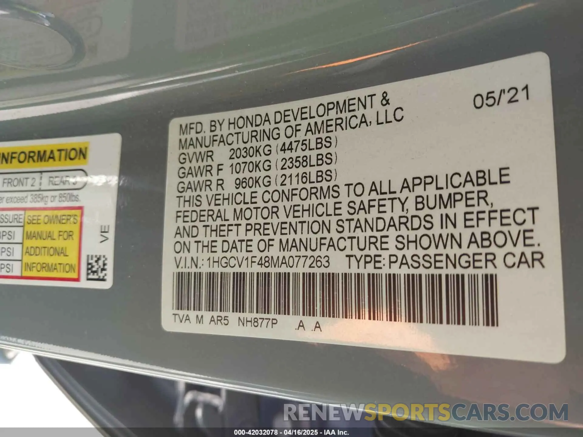9 Photograph of a damaged car 1HGCV1F48MA077263 HONDA ACCORD 2021
