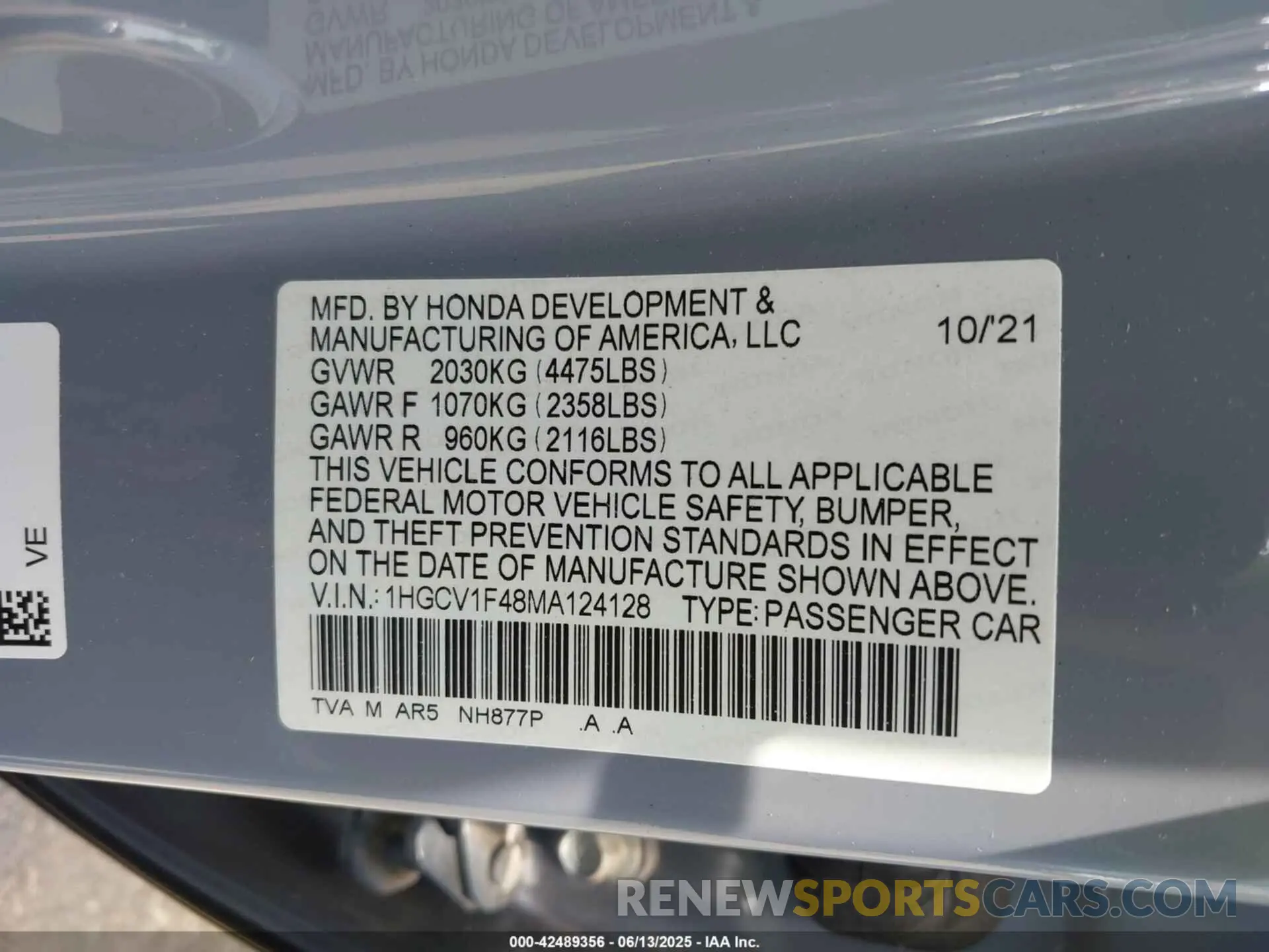 9 Photograph of a damaged car 1HGCV1F48MA124128 HONDA ACCORD 2021