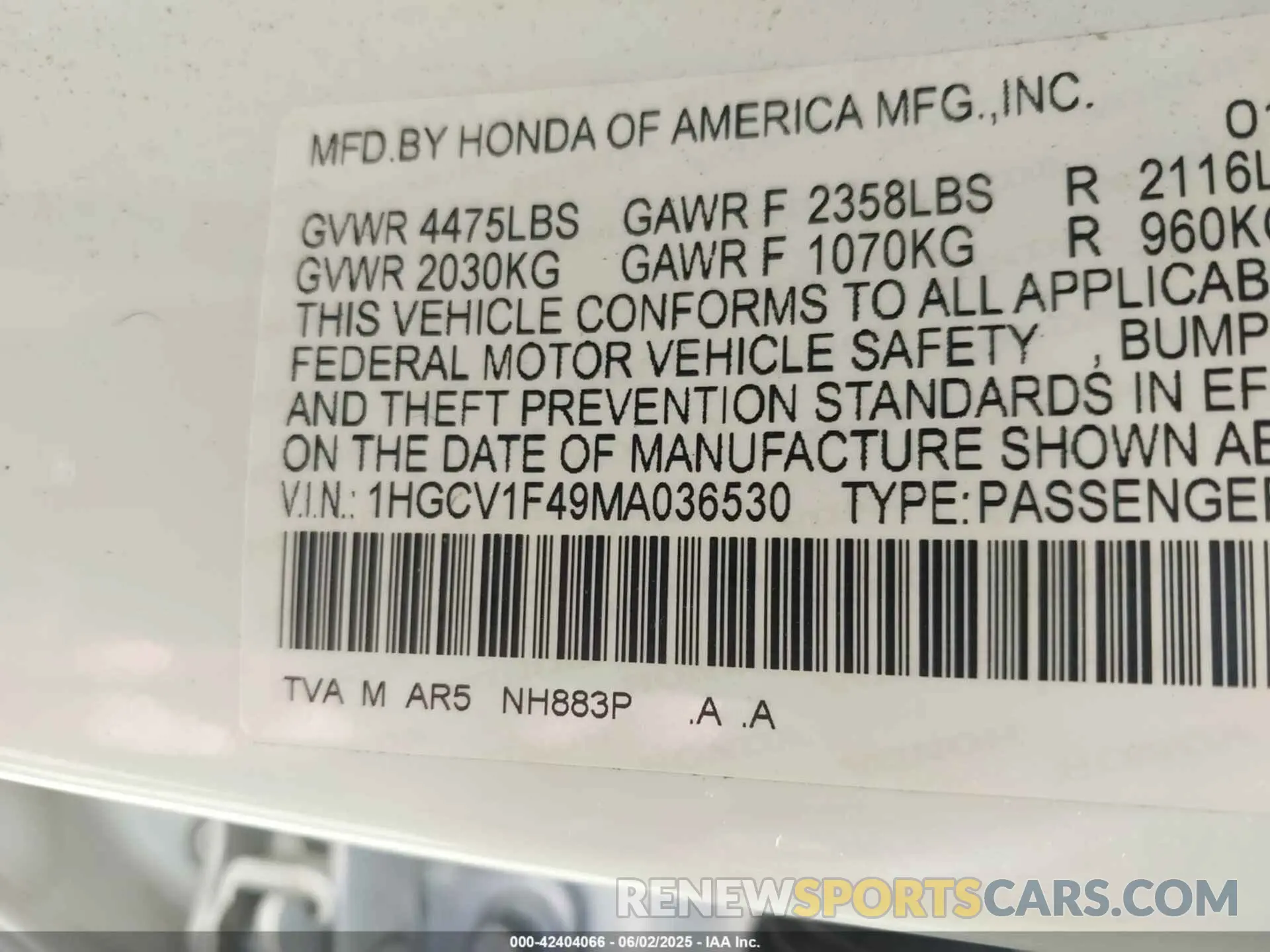 9 Photograph of a damaged car 1HGCV1F49MA036530 HONDA ACCORD 2021