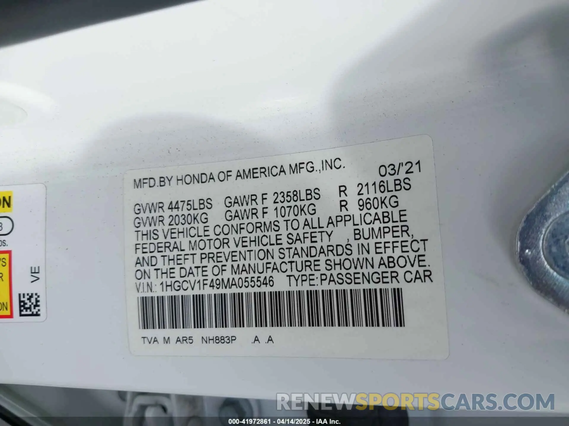 9 Photograph of a damaged car 1HGCV1F49MA055546 HONDA ACCORD 2021