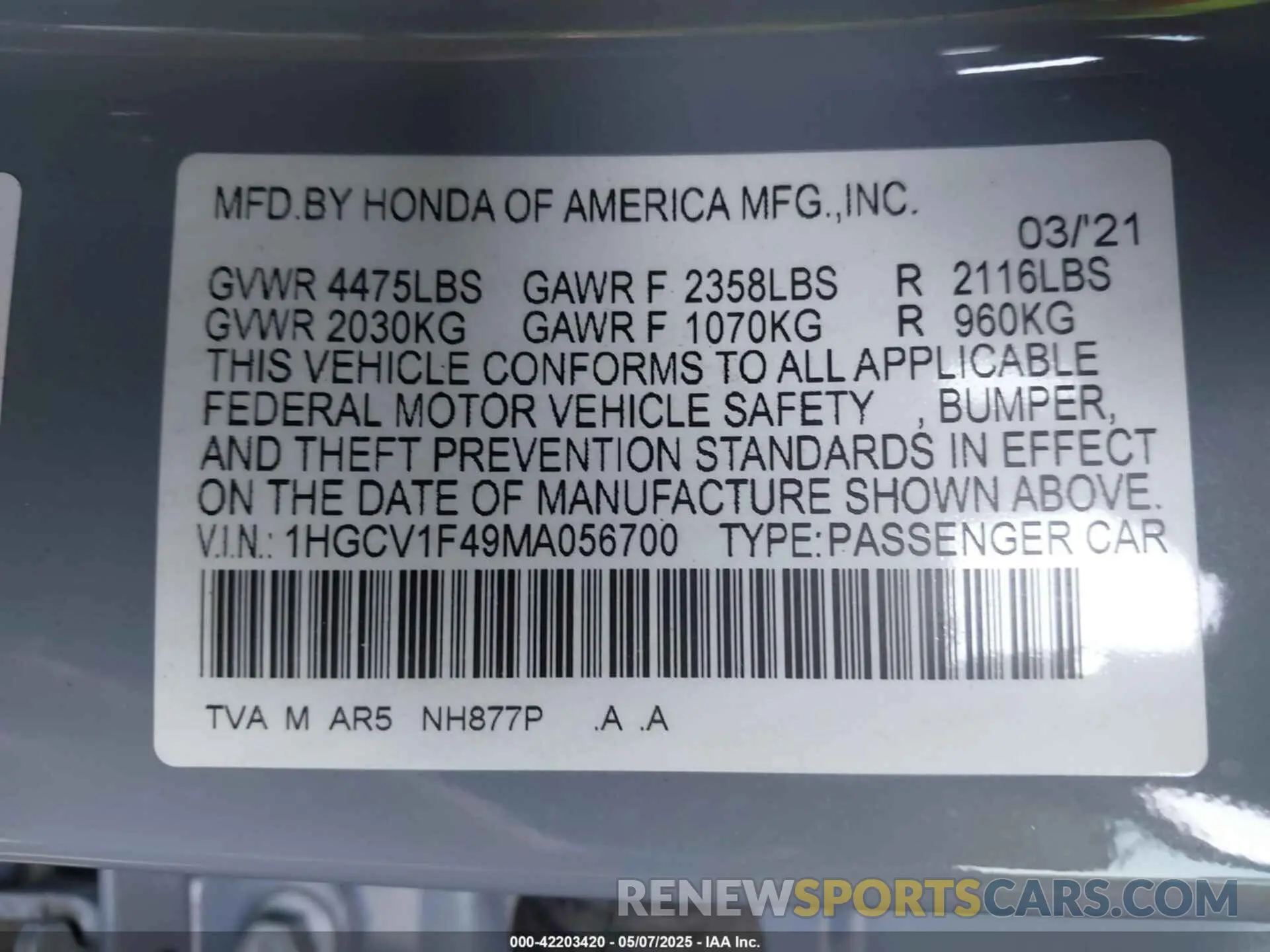 9 Photograph of a damaged car 1HGCV1F49MA056700 HONDA ACCORD 2021