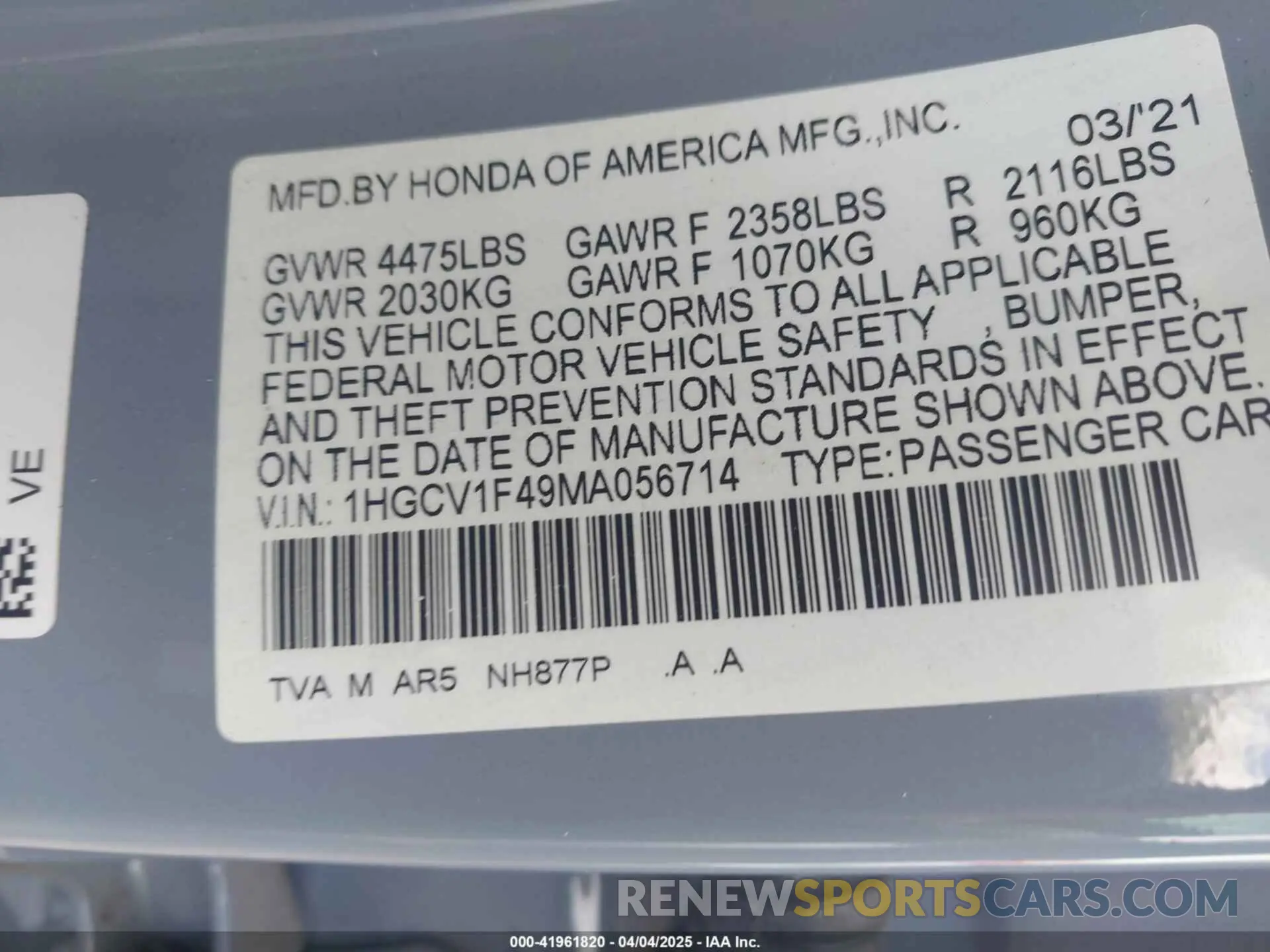 9 Photograph of a damaged car 1HGCV1F49MA056714 HONDA ACCORD 2021