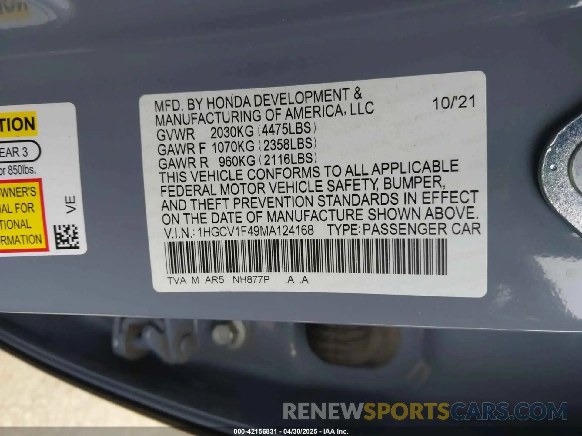 9 Photograph of a damaged car 1HGCV1F49MA124168 HONDA ACCORD 2021