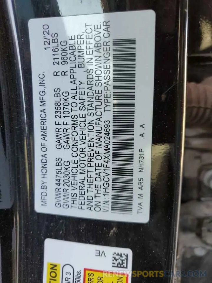 13 Photograph of a damaged car 1HGCV1F4XMA024693 HONDA ACCORD 2021
