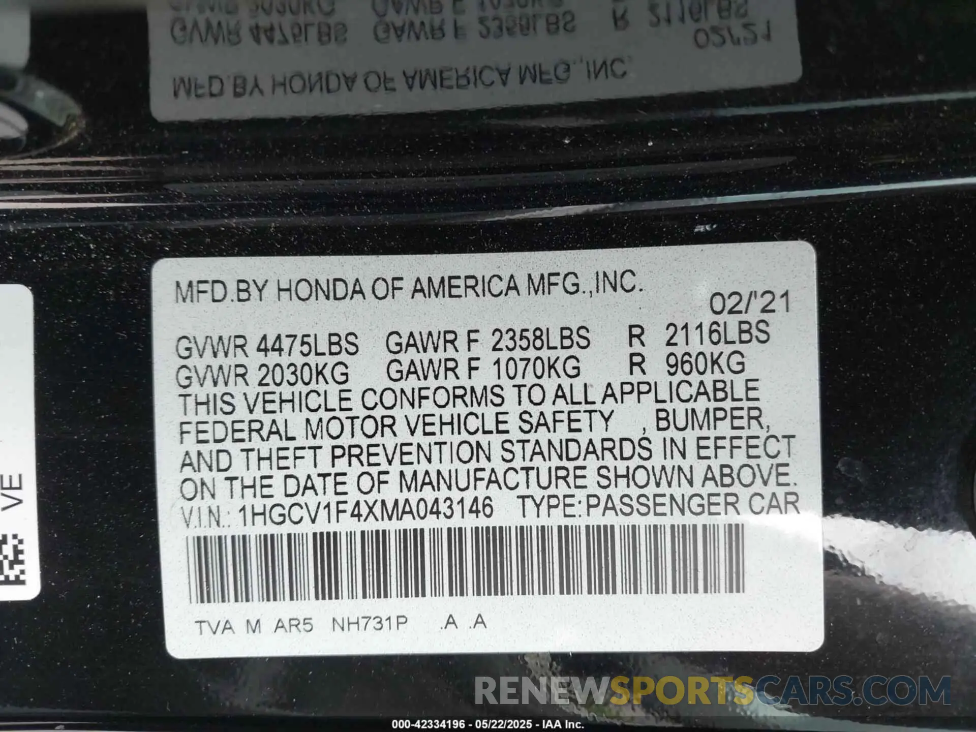 9 Photograph of a damaged car 1HGCV1F4XMA043146 HONDA ACCORD 2021