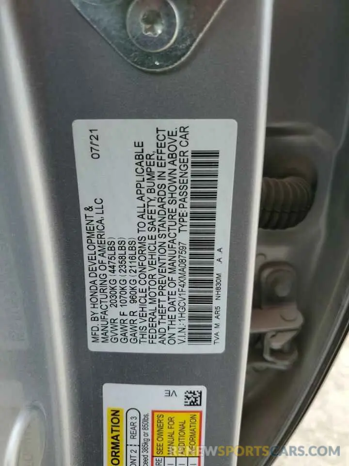 12 Photograph of a damaged car 1HGCV1F4XMA087597 HONDA ACCORD 2021