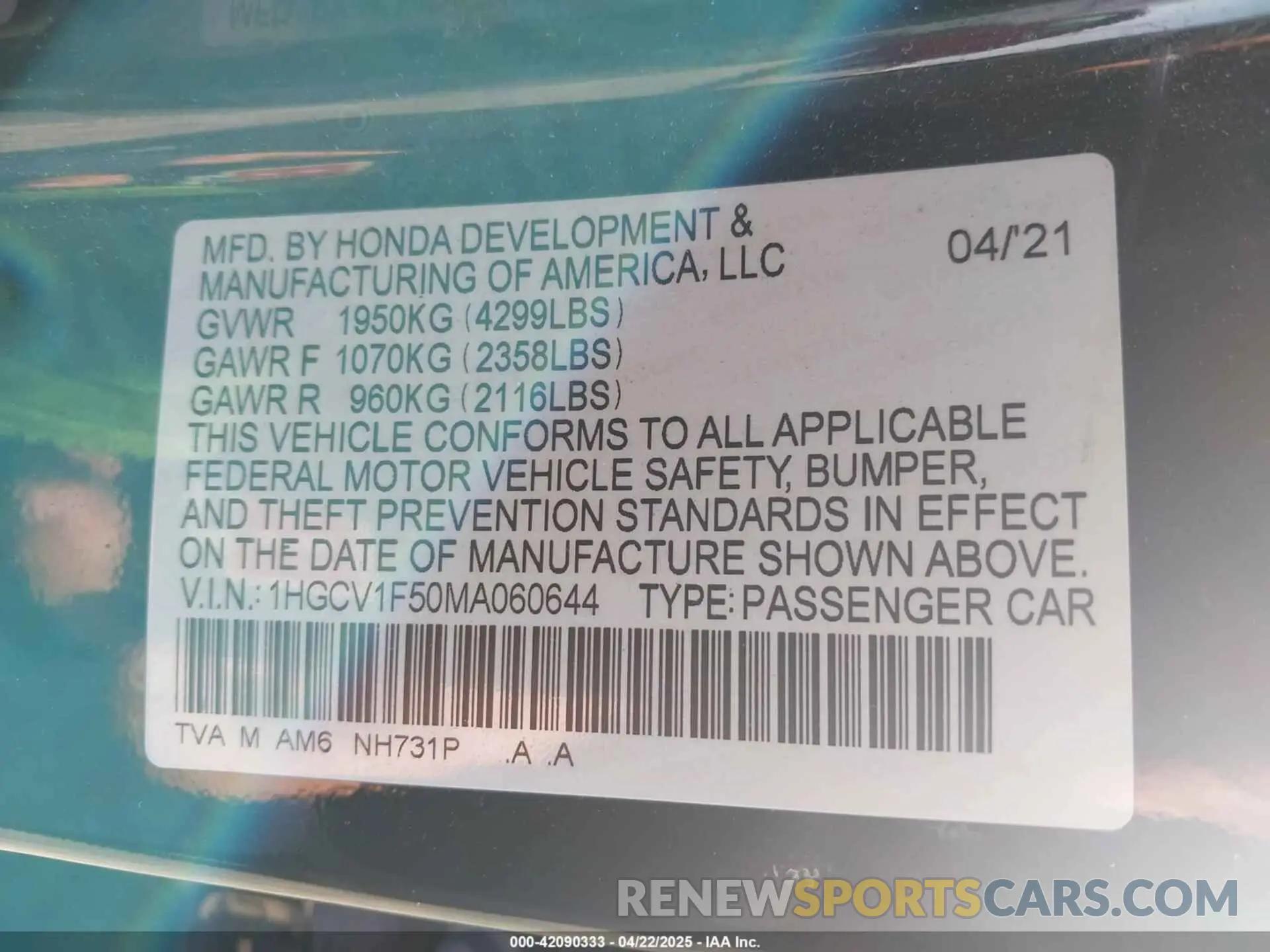 9 Photograph of a damaged car 1HGCV1F50MA060644 HONDA ACCORD 2021