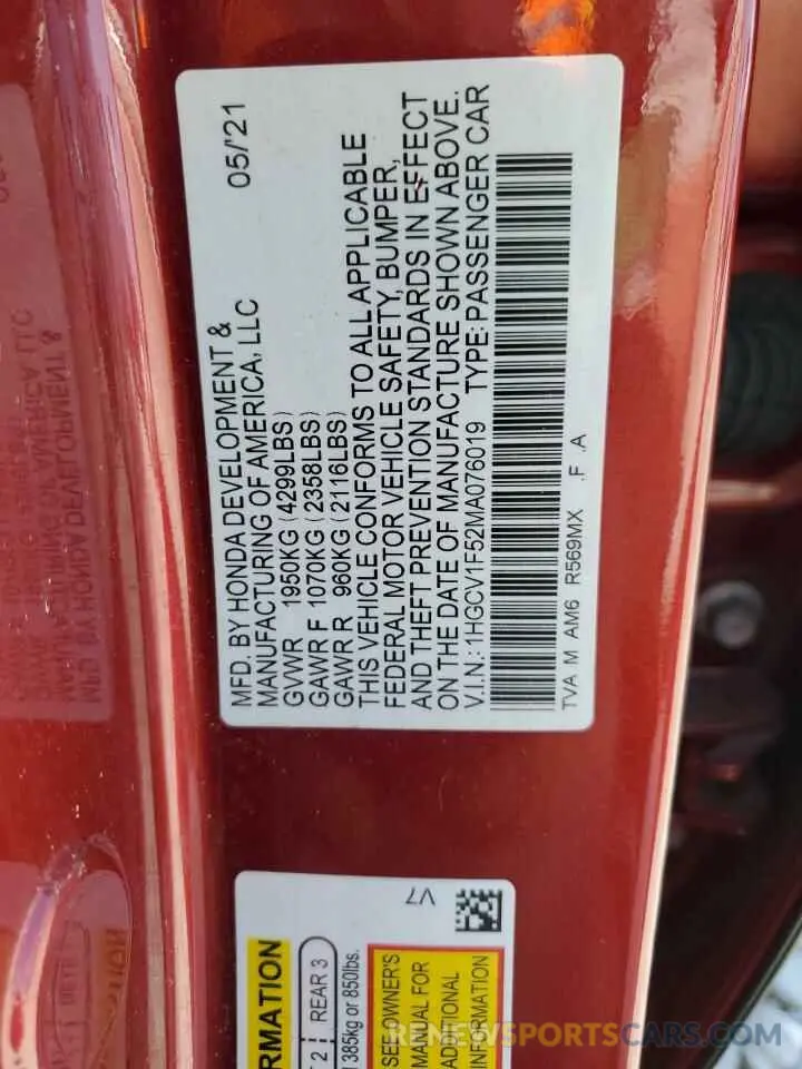 12 Photograph of a damaged car 1HGCV1F52MA076019 HONDA ACCORD 2021