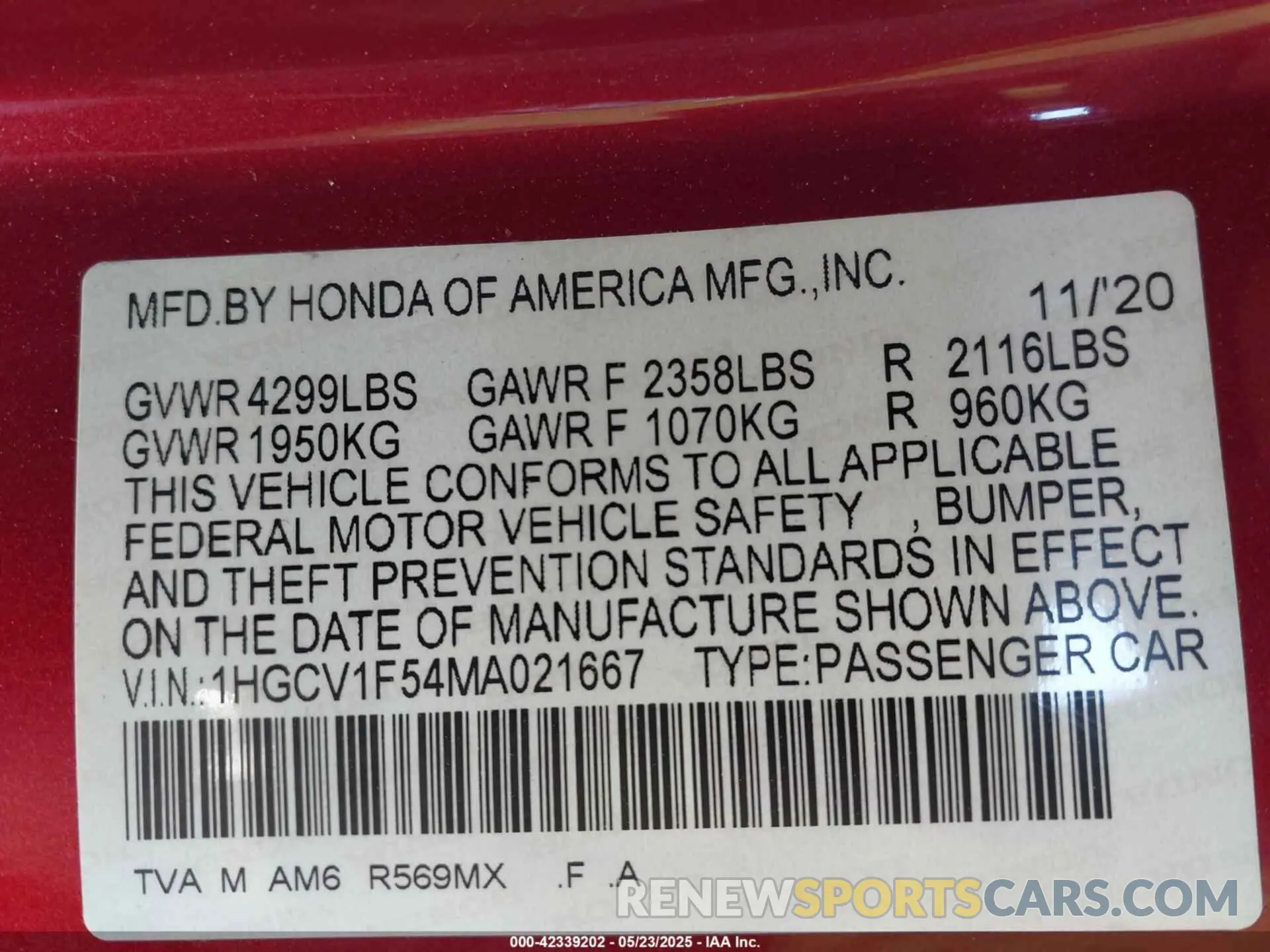 9 Photograph of a damaged car 1HGCV1F54MA021667 HONDA ACCORD 2021