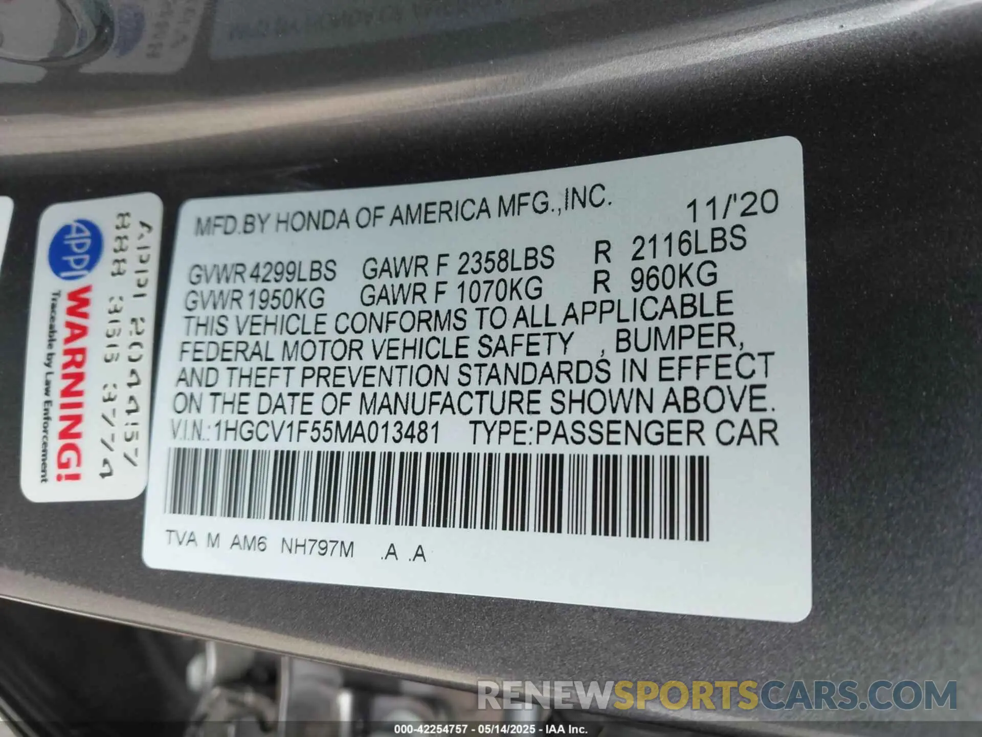 9 Photograph of a damaged car 1HGCV1F55MA013481 HONDA ACCORD 2021
