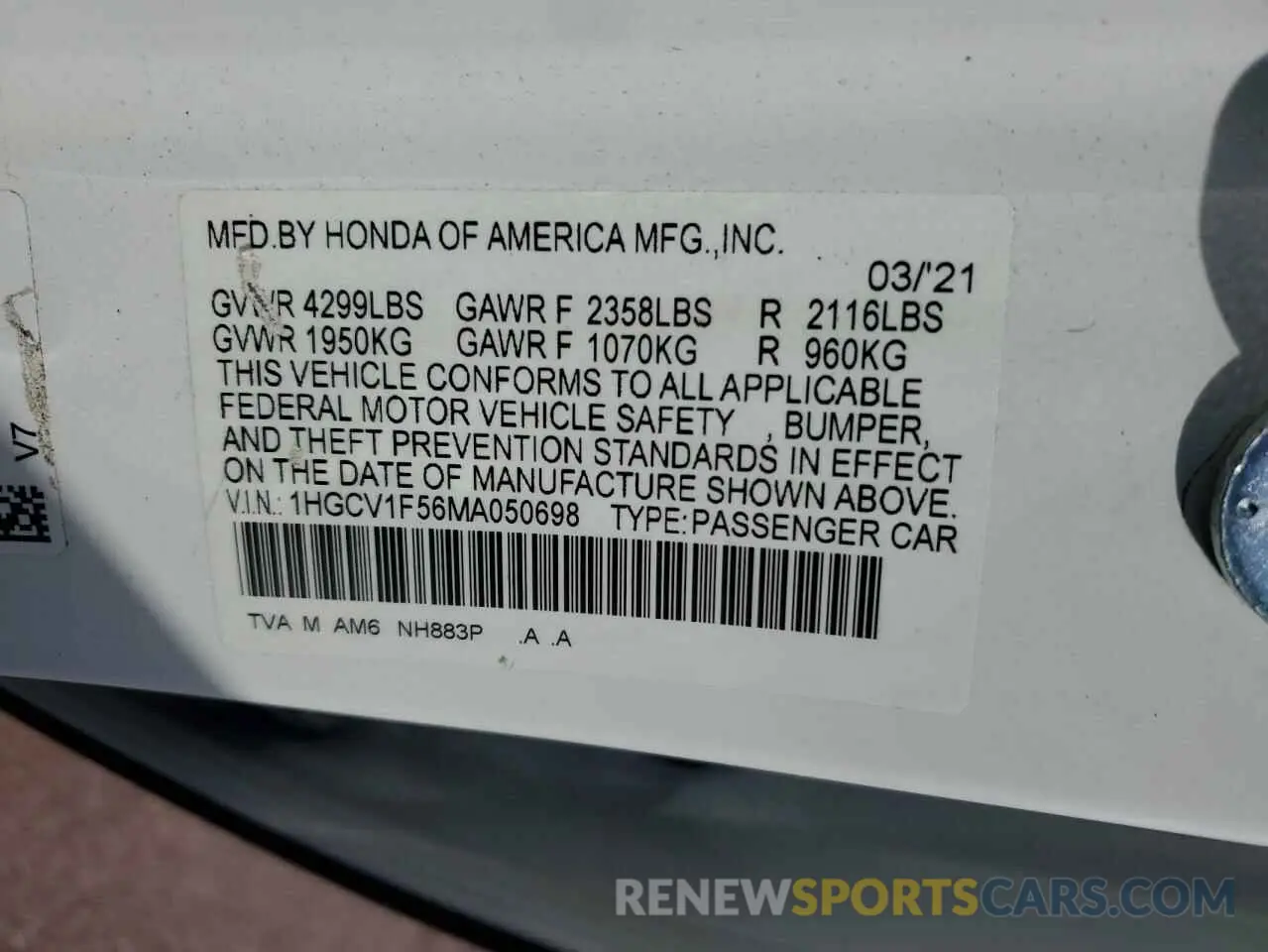 12 Photograph of a damaged car 1HGCV1F56MA050698 HONDA ACCORD 2021