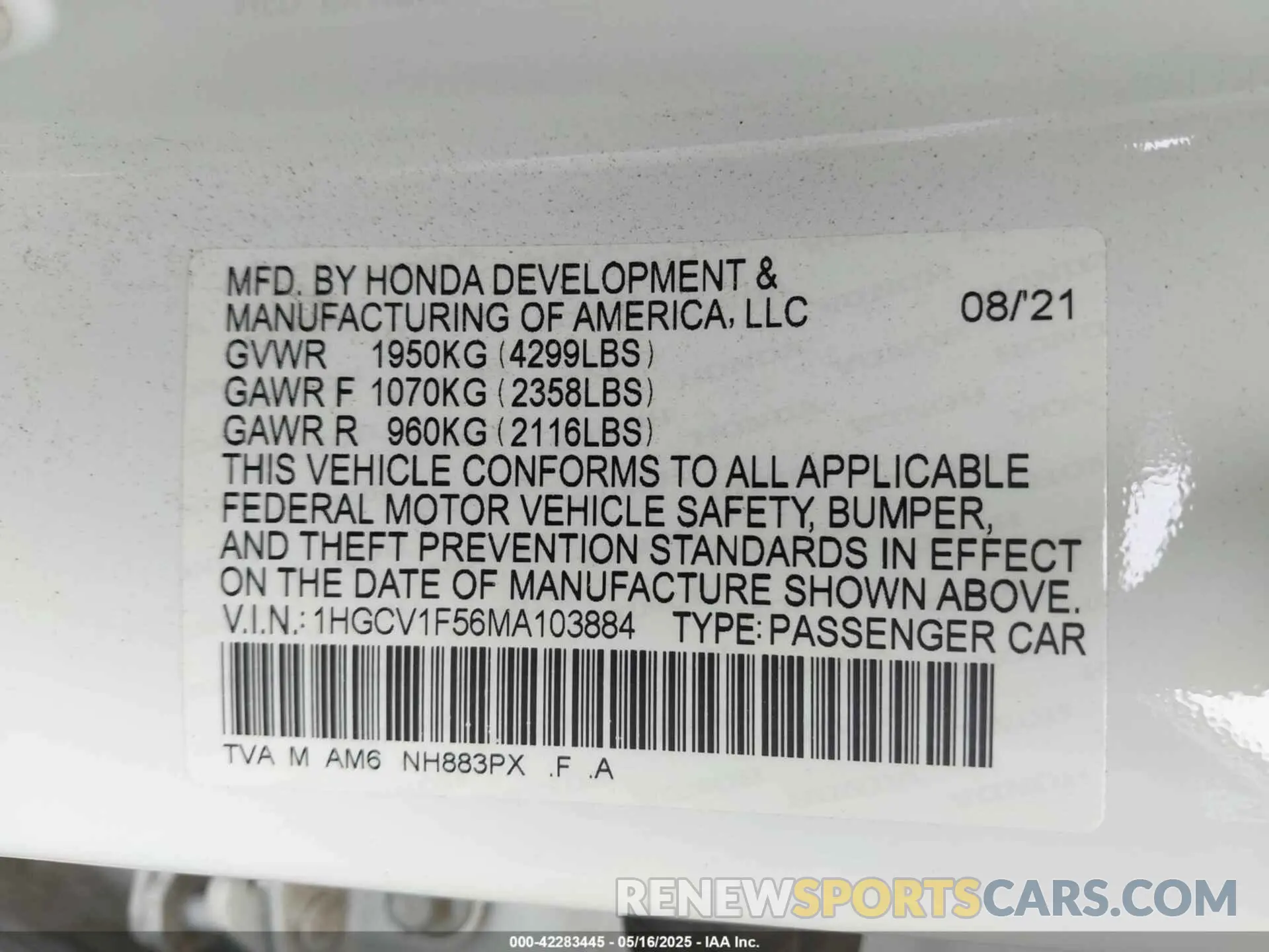 9 Photograph of a damaged car 1HGCV1F56MA103884 HONDA ACCORD 2021