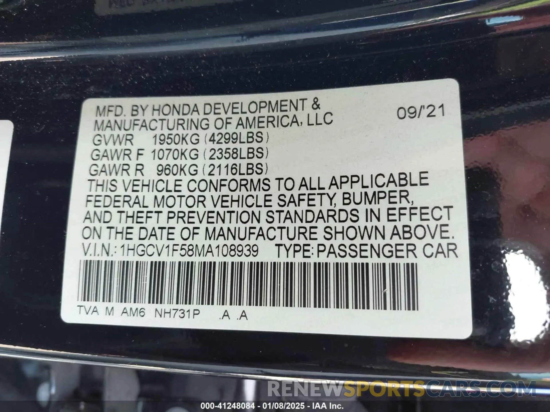 9 Photograph of a damaged car 1HGCV1F58MA108939 HONDA ACCORD 2021
