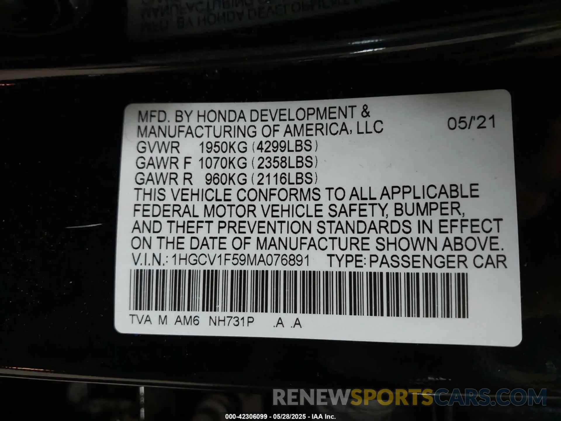 9 Photograph of a damaged car 1HGCV1F59MA076891 HONDA ACCORD 2021