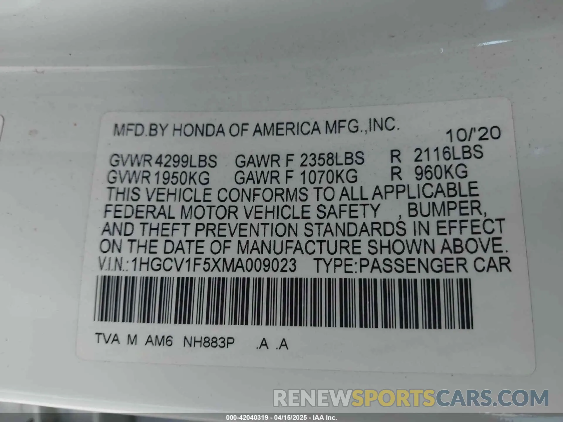 9 Photograph of a damaged car 1HGCV1F5XMA009023 HONDA ACCORD 2021