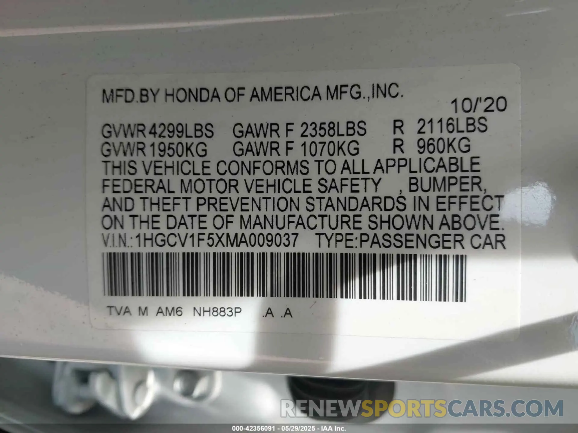 9 Photograph of a damaged car 1HGCV1F5XMA009037 HONDA ACCORD 2021