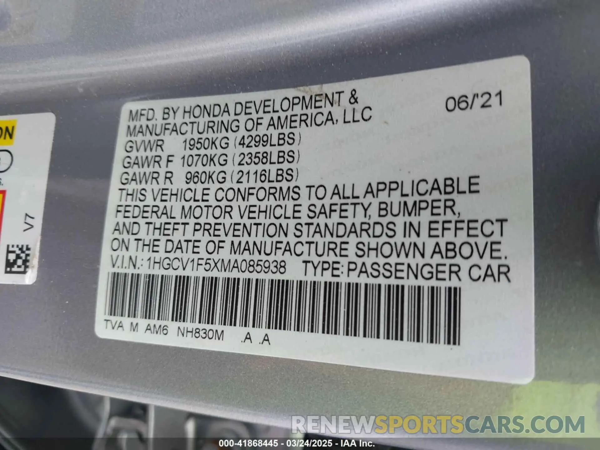 9 Photograph of a damaged car 1HGCV1F5XMA085938 HONDA ACCORD 2021