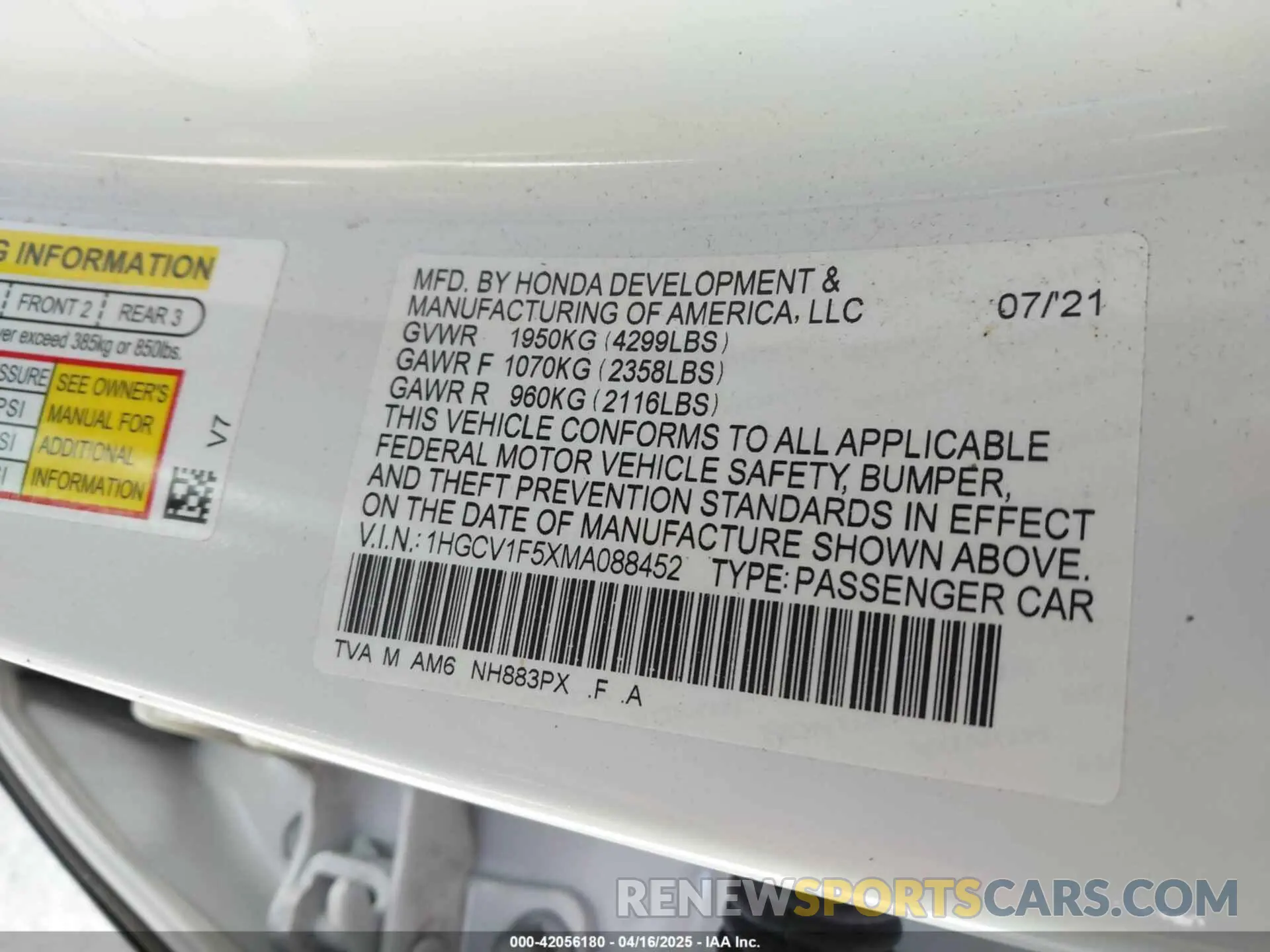 9 Photograph of a damaged car 1HGCV1F5XMA088452 HONDA ACCORD 2021