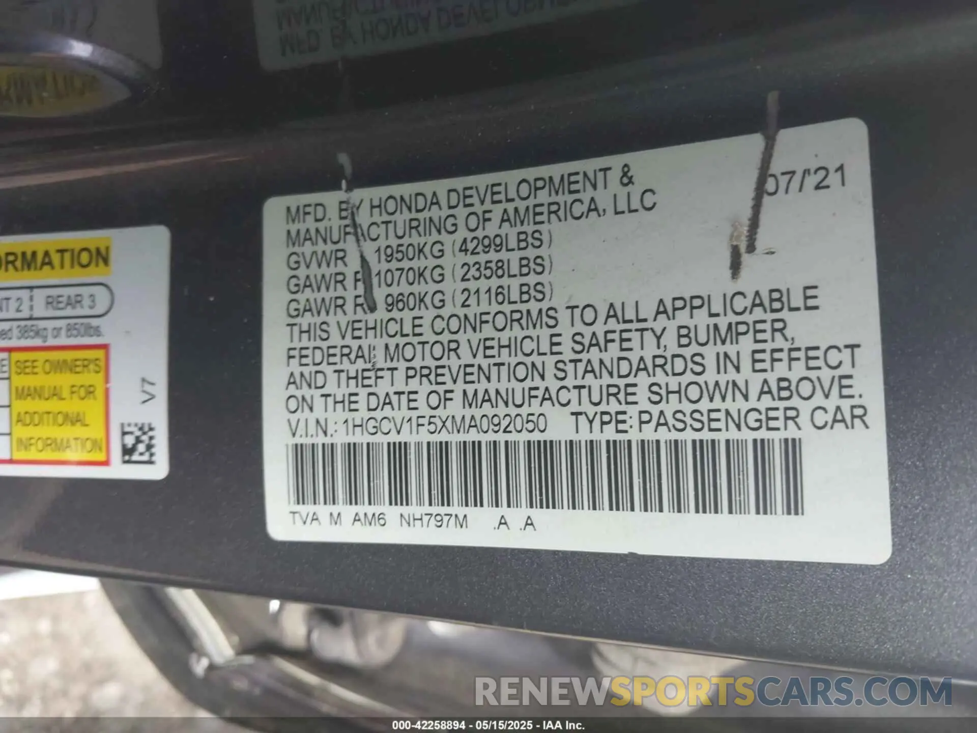 9 Photograph of a damaged car 1HGCV1F5XMA092050 HONDA ACCORD 2021