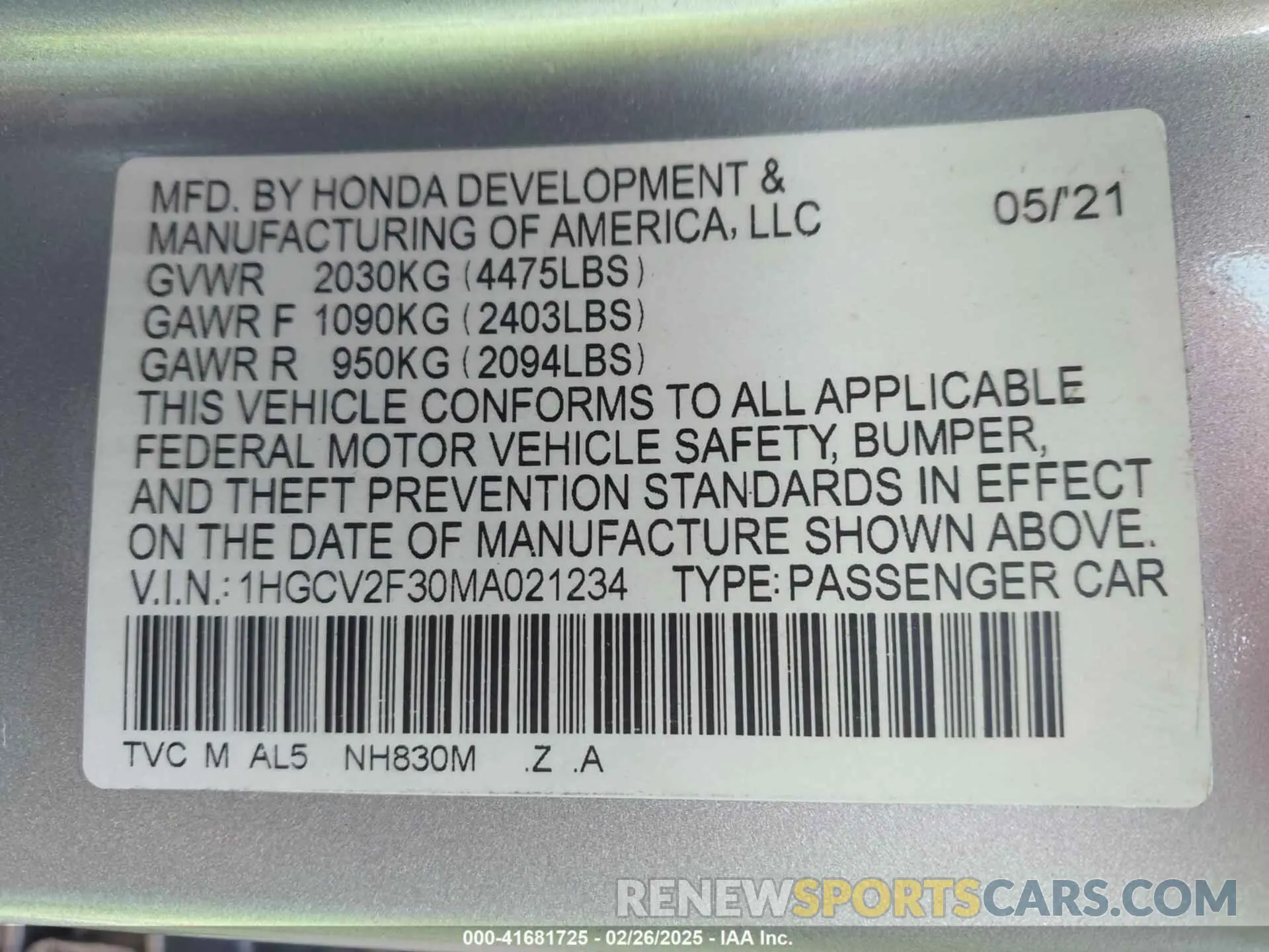 9 Photograph of a damaged car 1HGCV2F30MA021234 HONDA ACCORD 2021