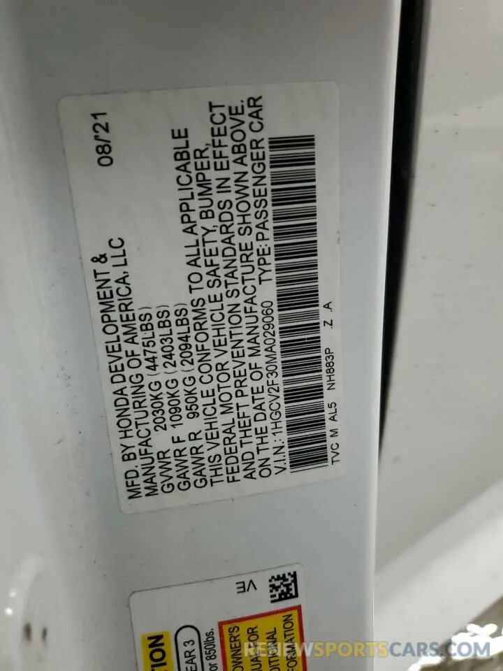 13 Photograph of a damaged car 1HGCV2F30MA029060 HONDA ACCORD 2021