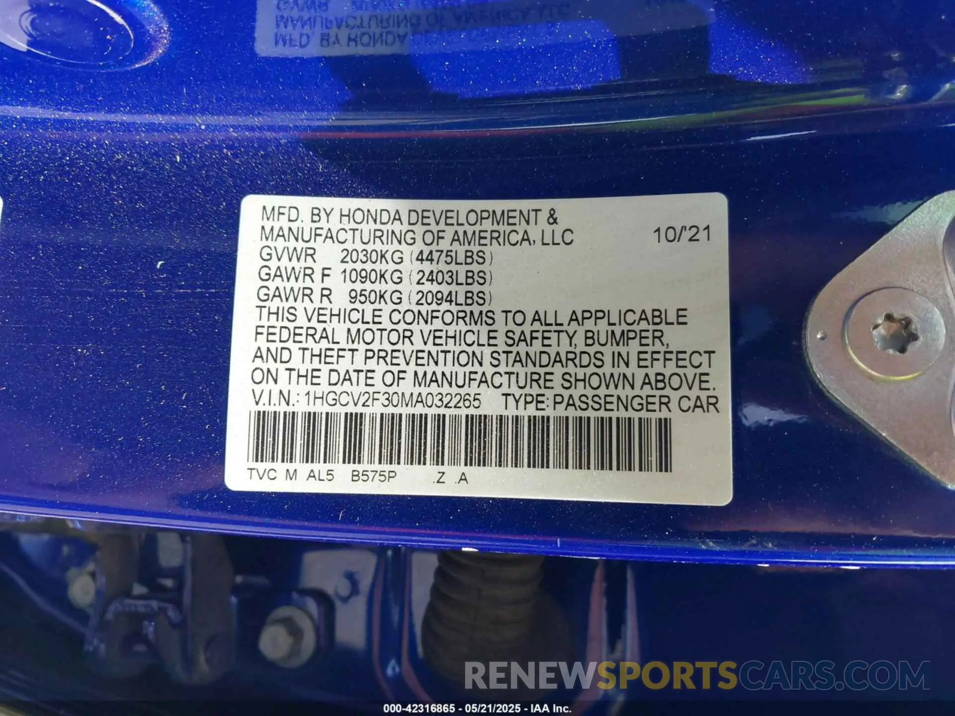 9 Photograph of a damaged car 1HGCV2F30MA032265 HONDA ACCORD 2021