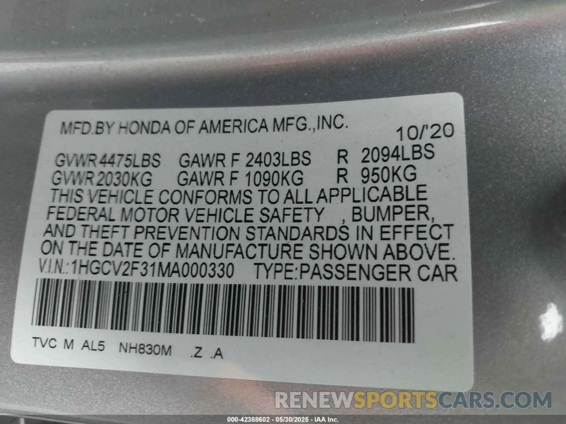 9 Photograph of a damaged car 1HGCV2F31MA000330 HONDA ACCORD 2021