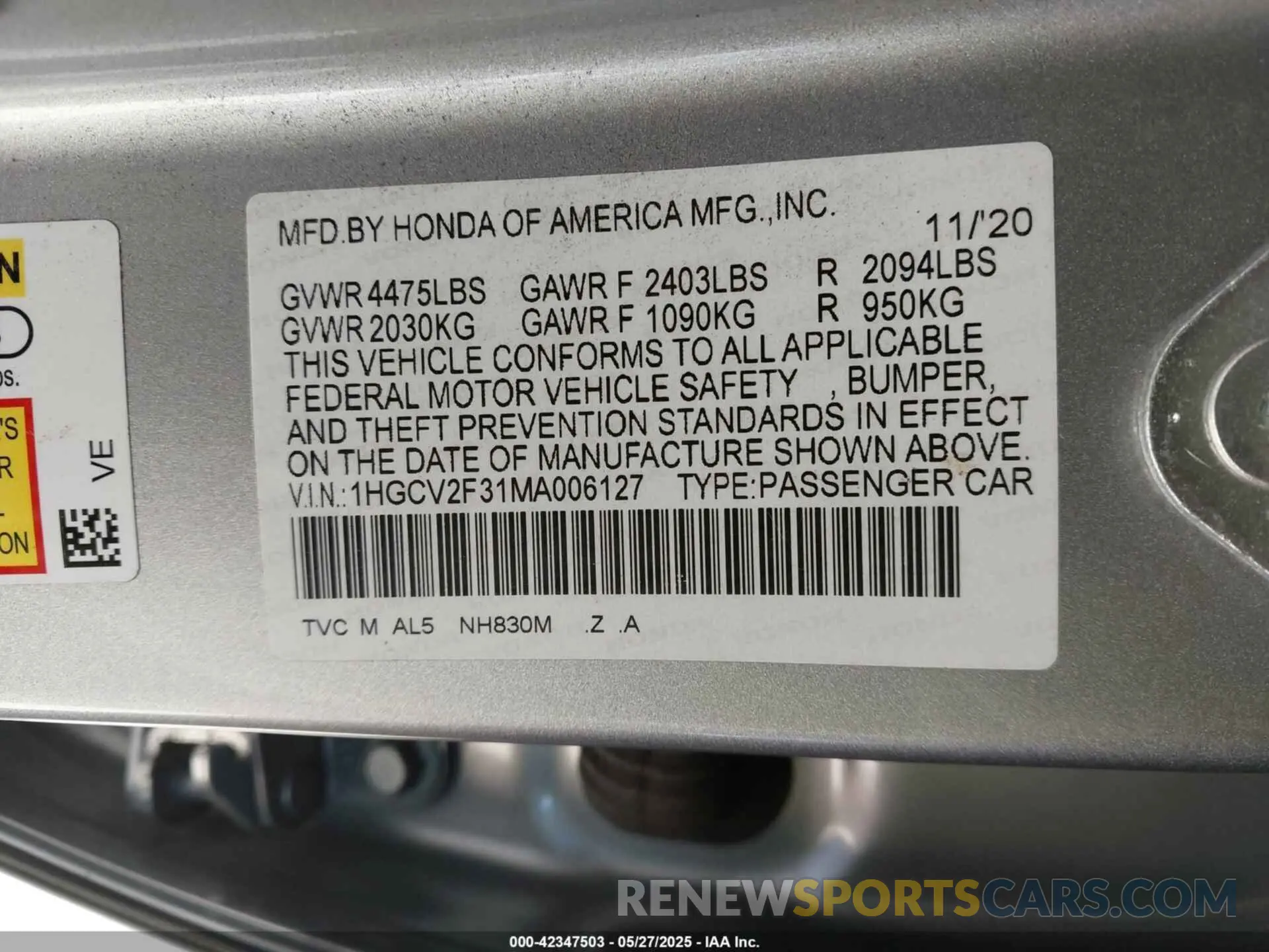 9 Photograph of a damaged car 1HGCV2F31MA006127 HONDA ACCORD 2021