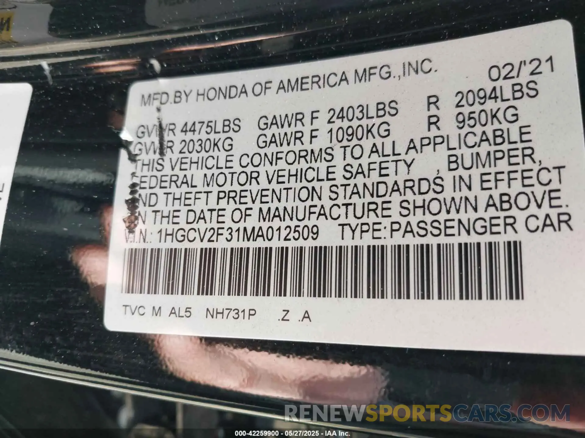 9 Photograph of a damaged car 1HGCV2F31MA012509 HONDA ACCORD 2021