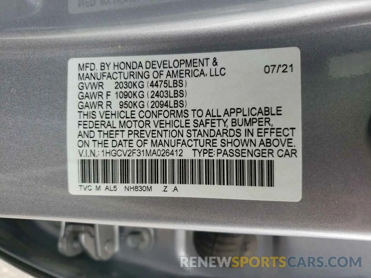 12 Photograph of a damaged car 1HGCV2F31MA026412 HONDA ACCORD 2021
