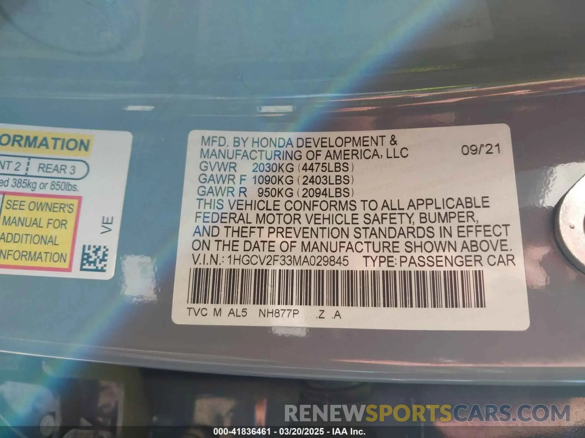 9 Photograph of a damaged car 1HGCV2F33MA029845 HONDA ACCORD 2021