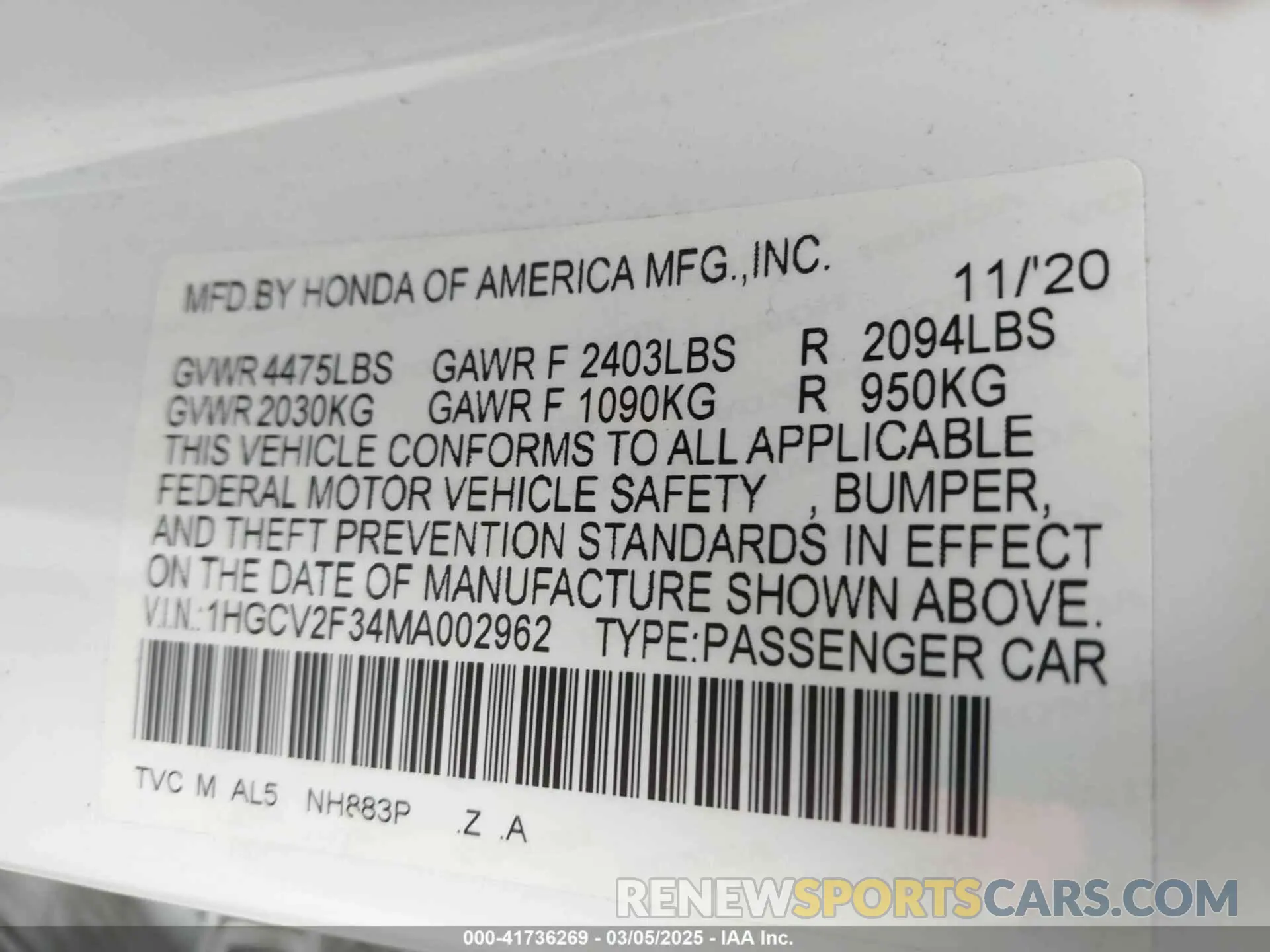 9 Photograph of a damaged car 1HGCV2F34MA002962 HONDA ACCORD 2021