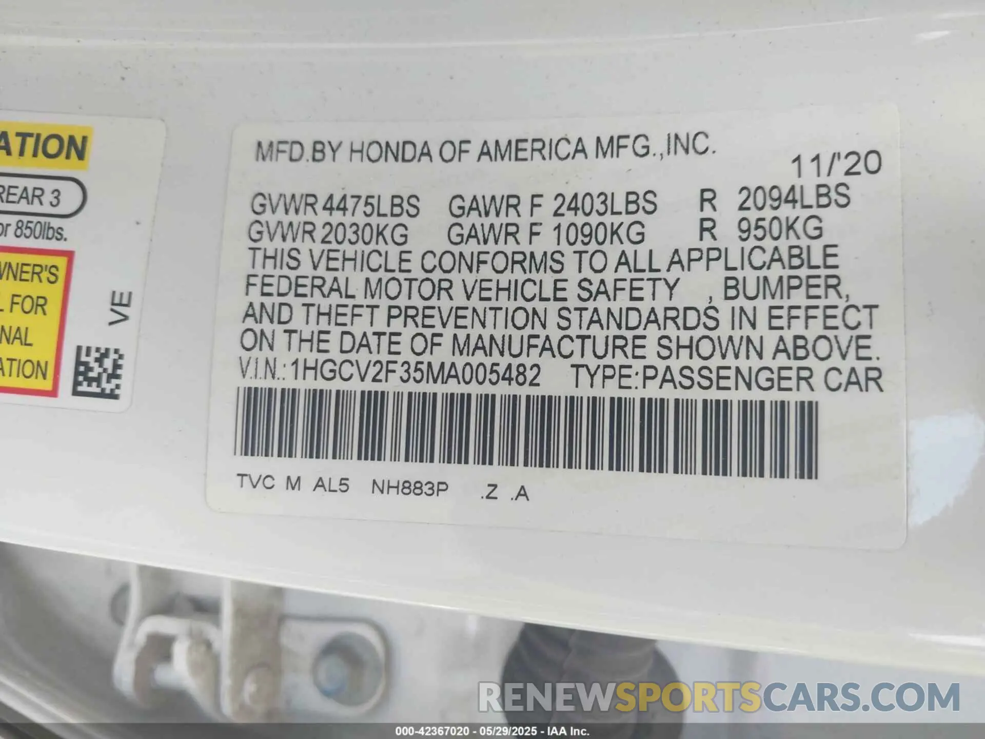 9 Photograph of a damaged car 1HGCV2F35MA005482 HONDA ACCORD 2021