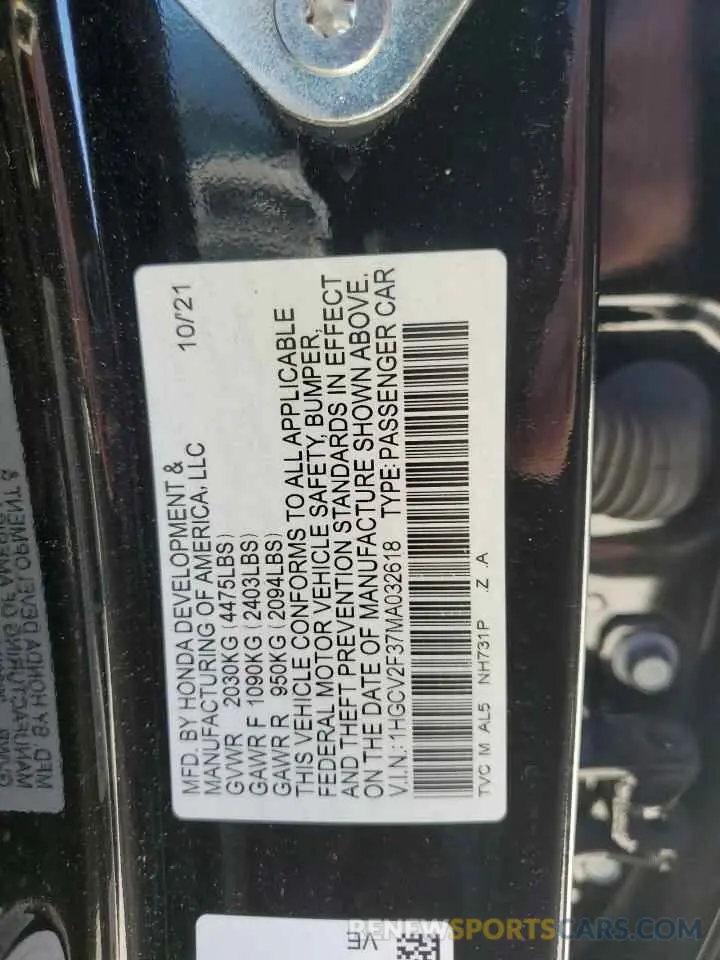 12 Photograph of a damaged car 1HGCV2F37MA032618 HONDA ACCORD 2021