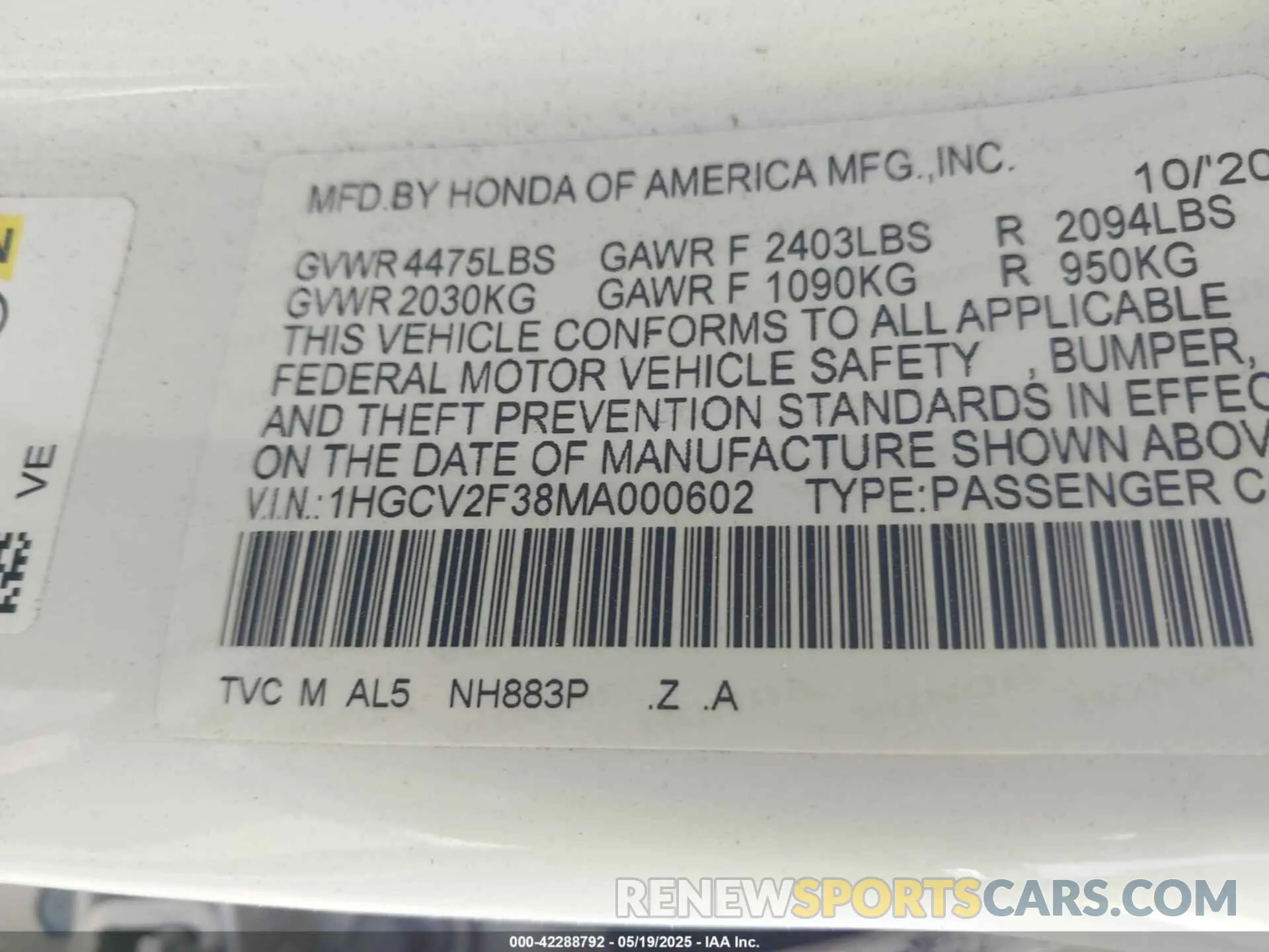 9 Photograph of a damaged car 1HGCV2F38MA000602 HONDA ACCORD 2021
