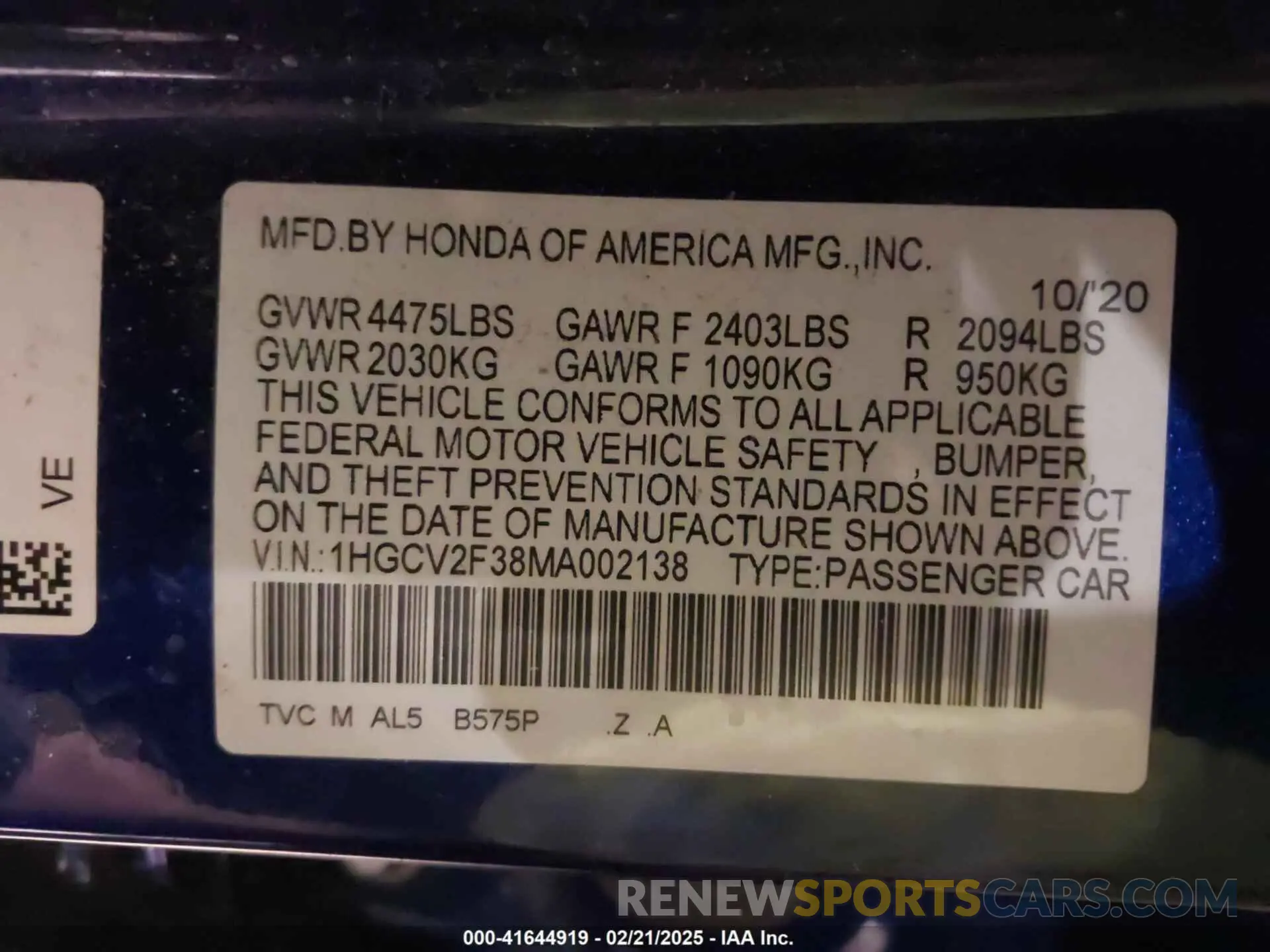 9 Photograph of a damaged car 1HGCV2F38MA002138 HONDA ACCORD 2021