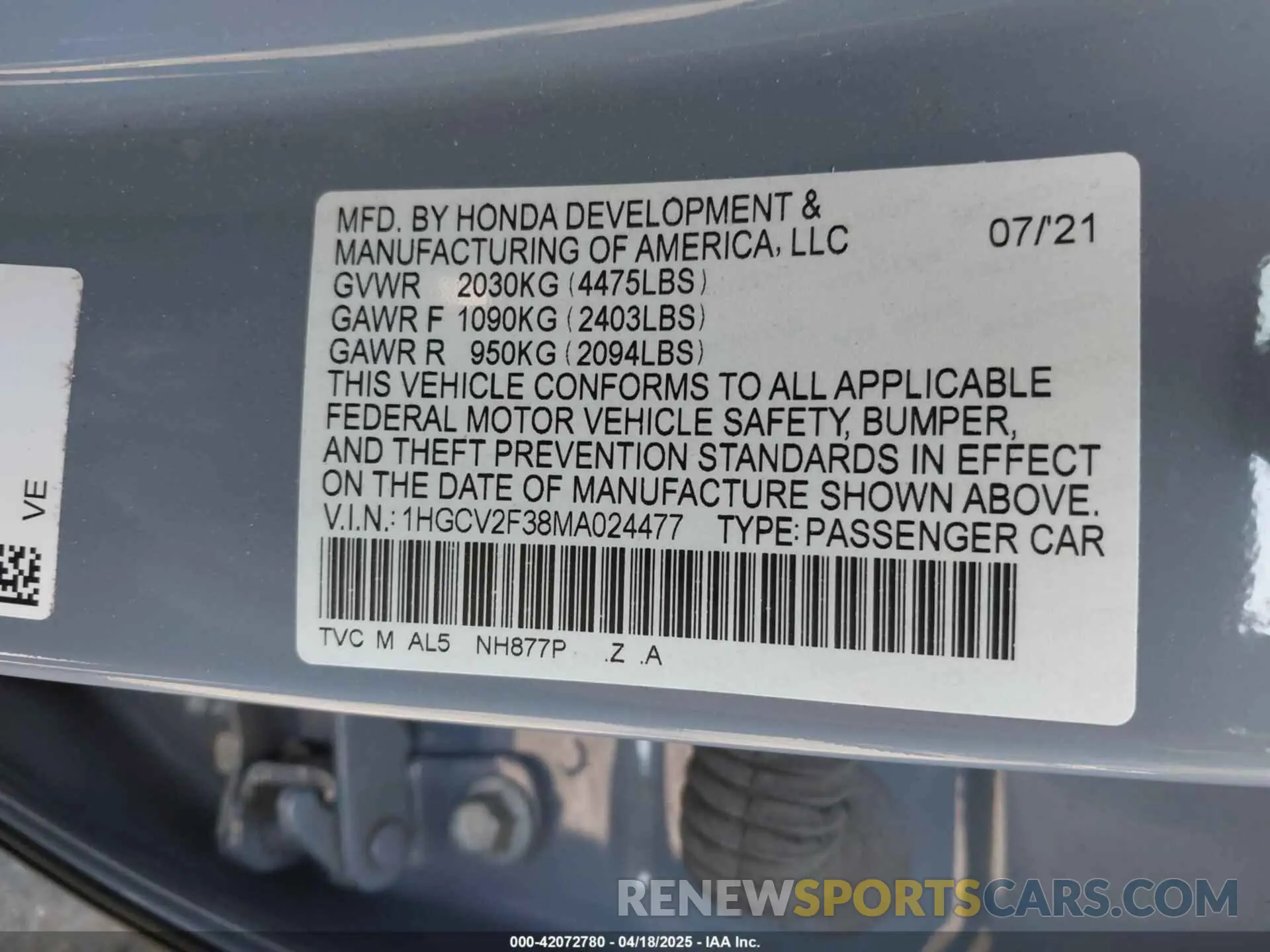9 Photograph of a damaged car 1HGCV2F38MA024477 HONDA ACCORD 2021